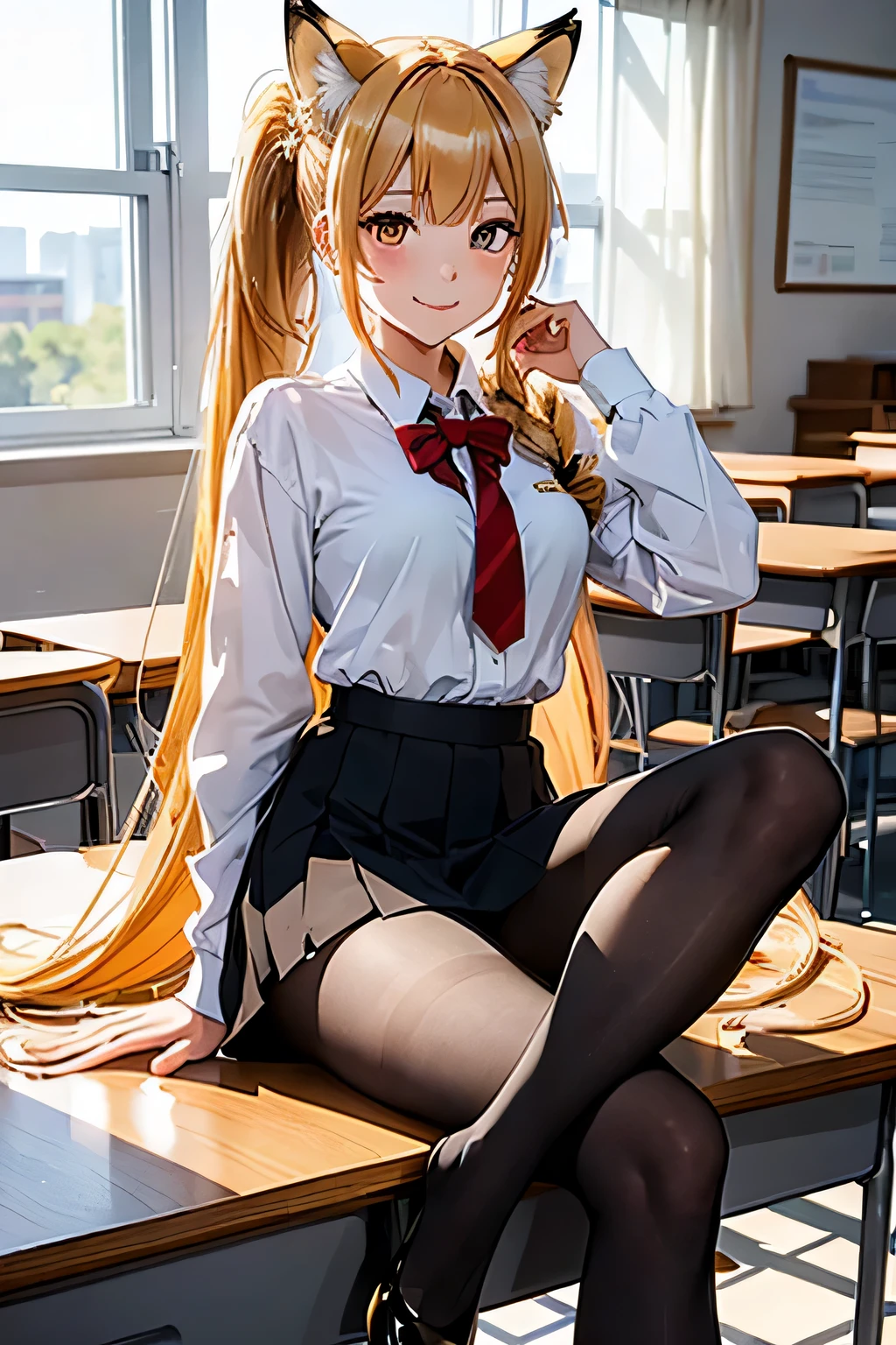 RAW photos, 8 thousand, best quality, depth of field, ultra high resolution, golden hair, side long ponytail hair, Butterfly hairpin, Gold-eyed, Full-length illustration of a female student with nine-tailed fox ears and a nine-tailed fox tail sitting at a desk and looking out the window where cherry blossoms are fluttering in the classroom.., Korean high school student style,uniform, cross-legged, black pantyhose, Strong leg muscles, smiling,realistic, masterpiece, very detailed:1.3