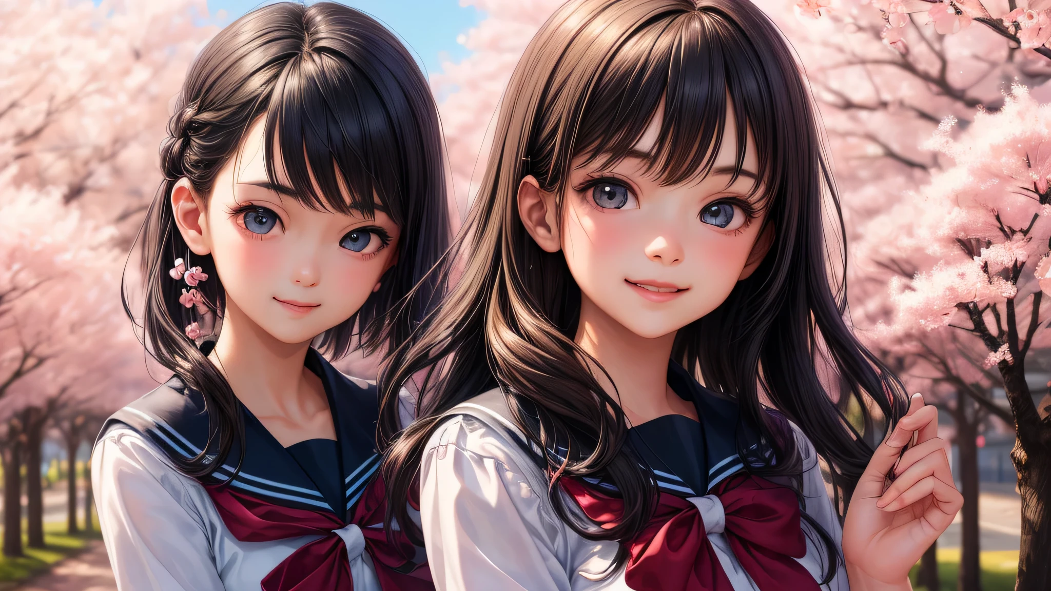 (1 girl:1.2), very cute face, Smile, (highly detailed eyes, highly detailed face), Fresh, very beautiful appearance, (surreal, High resolution), (highest quality:1.4), professional photography, (high school uniform, pleated mini skirt:1.2), smile a little, Cherry blossoms at night, night, dim light, cherry blossoms, Upper body, focus on the face,
