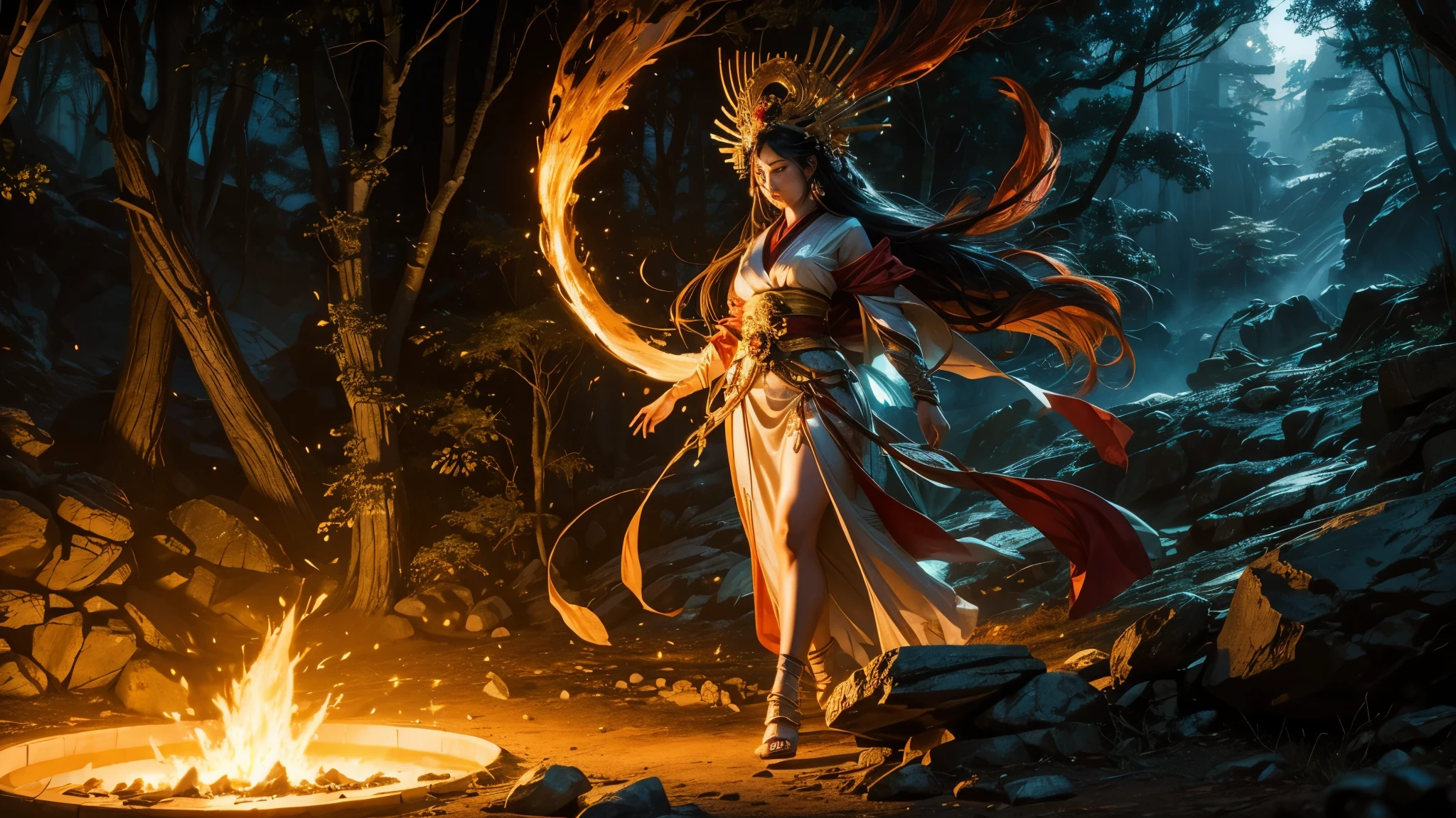 Generate a photorealistic, 32K resolution image of Amaterasu emerging from a cave. High-detail realism captures the majestic figure of Amaterasu stepping into the light, surrounded by the ethereal glow of her divine presence. Cinematic effects enhance the scene, with soft lighting casting a radiant aura around Amaterasu as she symbolically emerges from darkness into light, embodying the renewal of life and the return of warmth and vitality to the world, as depicted in Japanese mythology