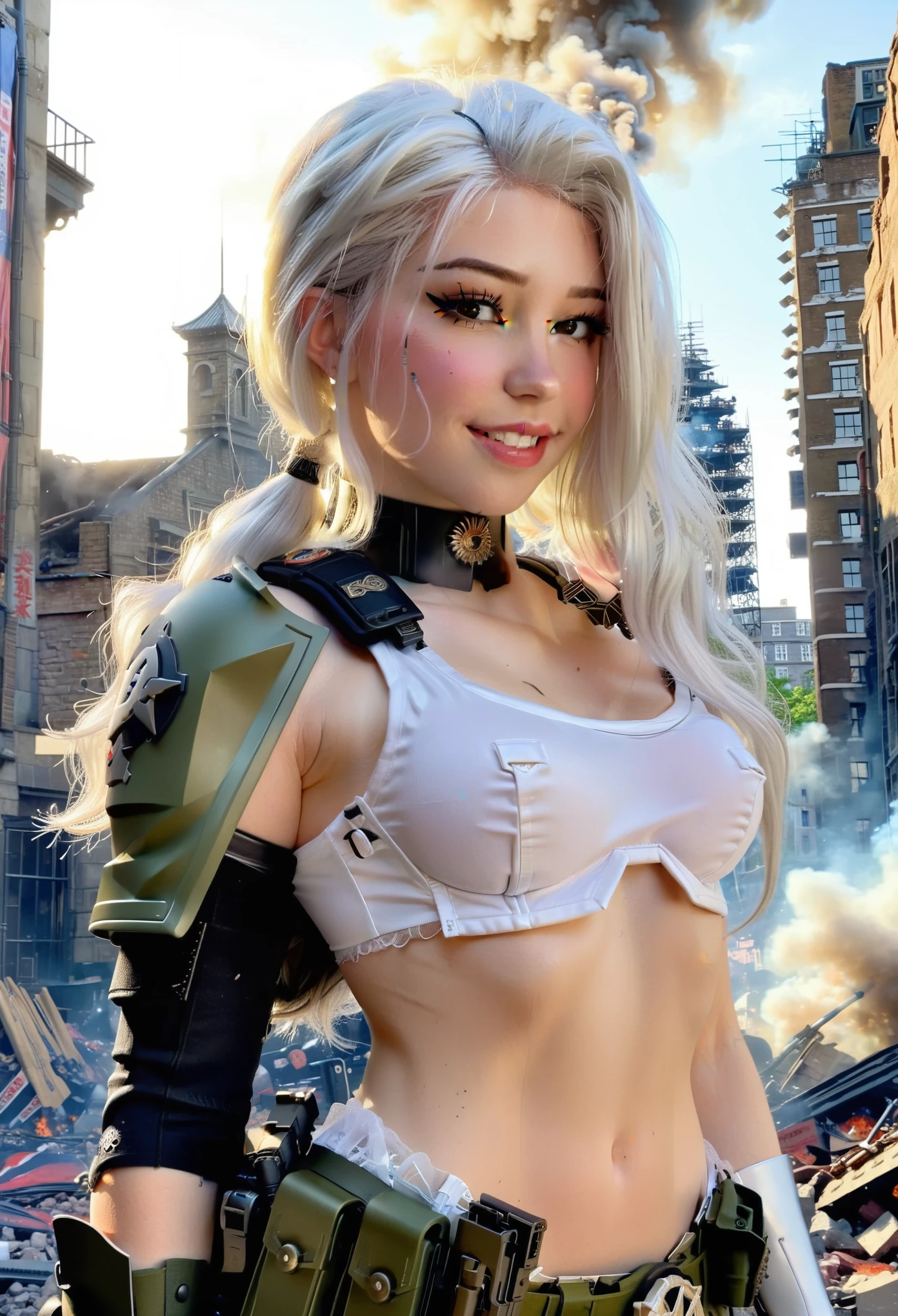 torso shot, facing front, best quality, masterpiece, cyberpunk female belle delphine as 1girl, (solo:1.3), ultra detailed,detailed face, 8k wallpaper, platinum white hair in side cut fashion, wide hips, smile, military female soldier with gear of war, city background, smoke and rubbles, by  james gilleard, by joe fenton, by kaethe butcher