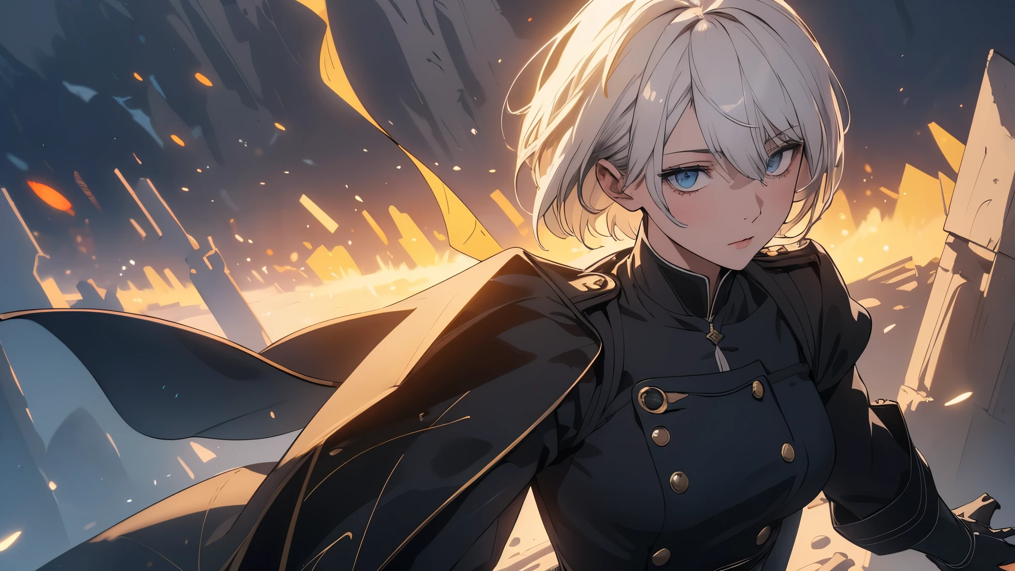 (extremely detailed CG unity 8k wallpaper), (masterpiece), (best quality), (ultra-detailed), (best illustration), (best shadow), (absurdres) ,(detailed eyes), 2b, 1girl, short hair, white hair, solo, Intimidating women, admiral uniform, night, hero pose, white clothes, General Uniform, Military Uniform, Sunlight, exposed to sunlight,commander, fighting pose, wearing cape, Street background,Cinematic Effects, Fancy Effects, Intricate Details, Solo, 1 Maiden, (2D + Crooked Bob: 1.2), Delicate Eyes, Garden, Ultra Wide Angle Lens, Sunlight, Light and Shadow