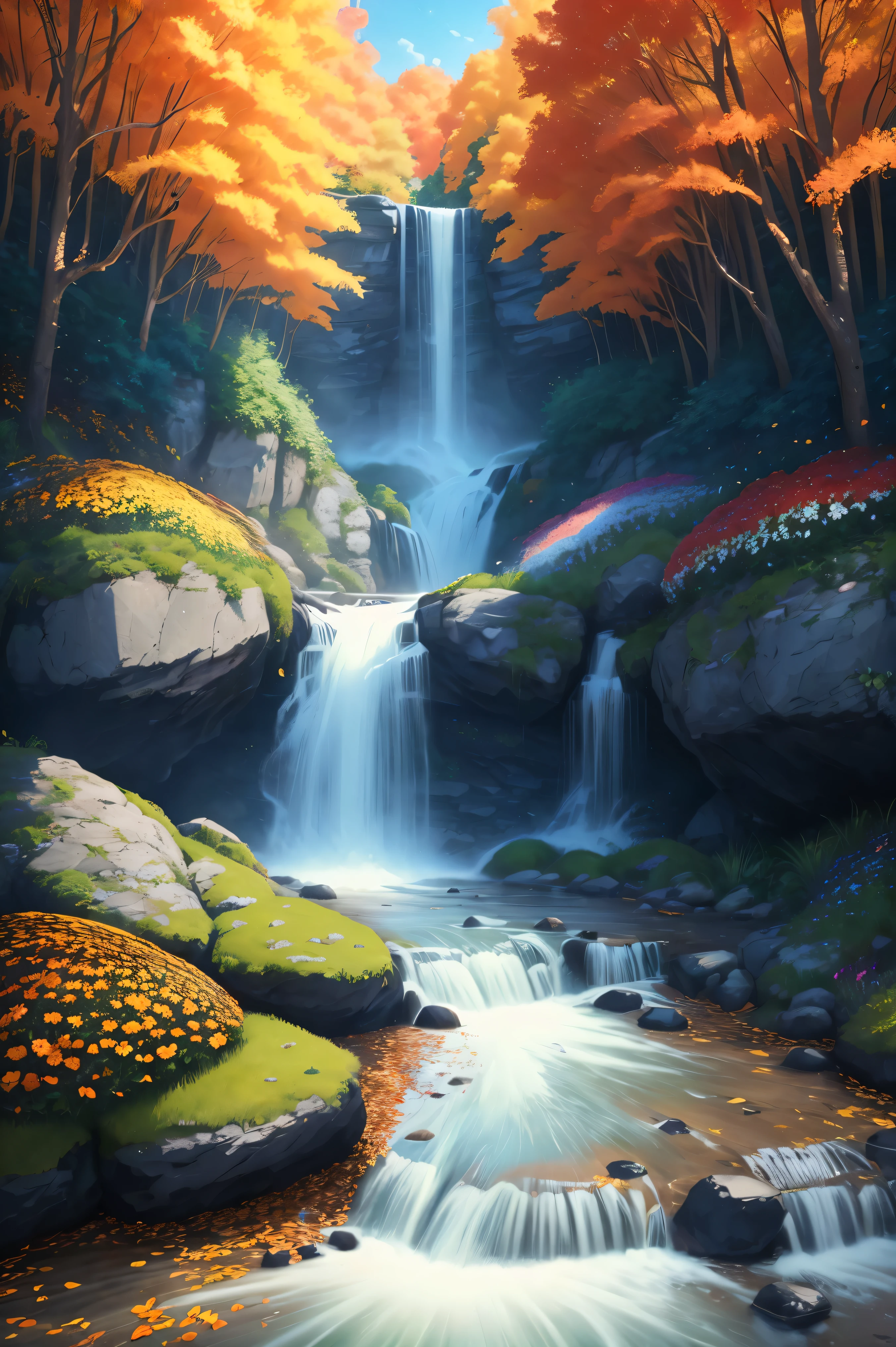 Beautiful majestic Fall flowing through Dichte Vegetation, lebendige Blumen, Schmetterling dancing in the air, glitzerndes Wasserspritzen, friedliche Naturlandschaft ,Fall,flowing water,Dichte Vegetation,lebendige Blumen,Schmetterling,friedliche Landschaft,best quality,4k,8k,high resolution,Meisterwerk:1.2,super detailliert,actually:1.37,Hoher Dynamikbereich,ultra high resolution,Studiobeleuchtung,Extremely detailed description,Fachmann,helle Farben