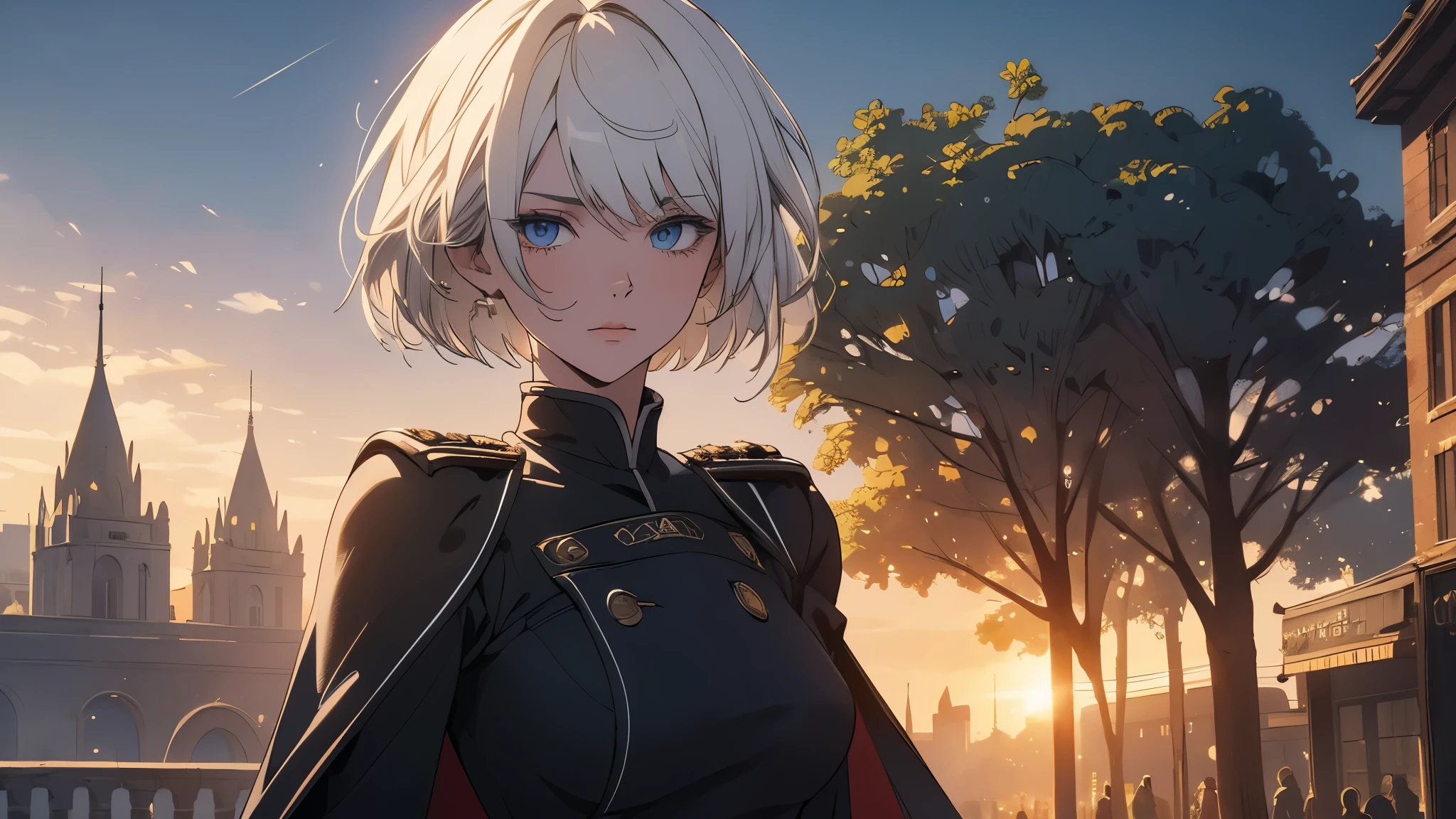 (extremely detailed CG unity 8k wallpaper), (masterpiece), (best quality), (ultra-detailed), (best illustration), (best shadow), (absurdres) ,(detailed eyes), 2b, 1girl, short hair, white hair, solo, Intimidating women, admiral uniform, night, hero pose, white clothes, General Uniform, Military Uniform, Sunlight, exposed to sunlight,commander, fighting pose, wearing cape, Street background,Cinematic Effects, Fancy Effects, Intricate Details, Solo, 1 Maiden, (2D + Crooked Bob: 1.2), Delicate Eyes, Garden, Ultra Wide Angle Lens, Sunlight, Light and Shadow