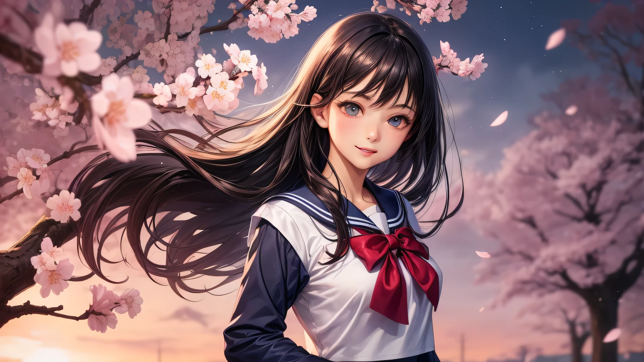 (1 girl:1.2), very cute face, (highly detailed eyes, highly detailed face), Fresh, very beautiful appearance, (surreal, High resolution), (highest quality:1.4), professional photography, (high school uniform, pleated mini skirt:1.2), smile a little, (Cherry blossoms at night, night:1.2), dim light, cherry blossoms, Upper body, focus on the face, anime,