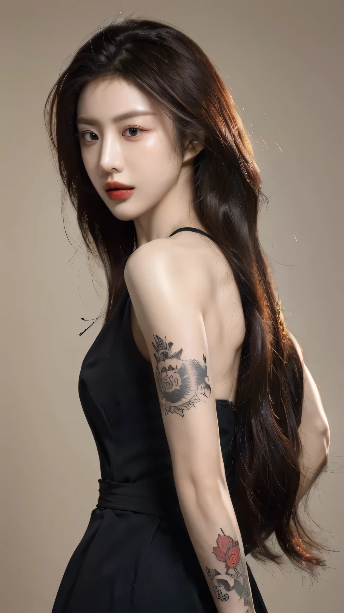 Tattoo girl, Very beautiful, super long hairstyle, messy hair, killing intent, Handsome man, betrayal, irate, Dark background, 8K, Dynamic Wallpapers, Very delicate, Very dense, dinamic pose, dinamic style, masterpiece, gangsta, mafia, tatto body, mafia tatto, beautiful, ethernal beautiful, beauty mafia, boss, blood, in the mafia headquarter, blood dress, a lot tatto, perfect face