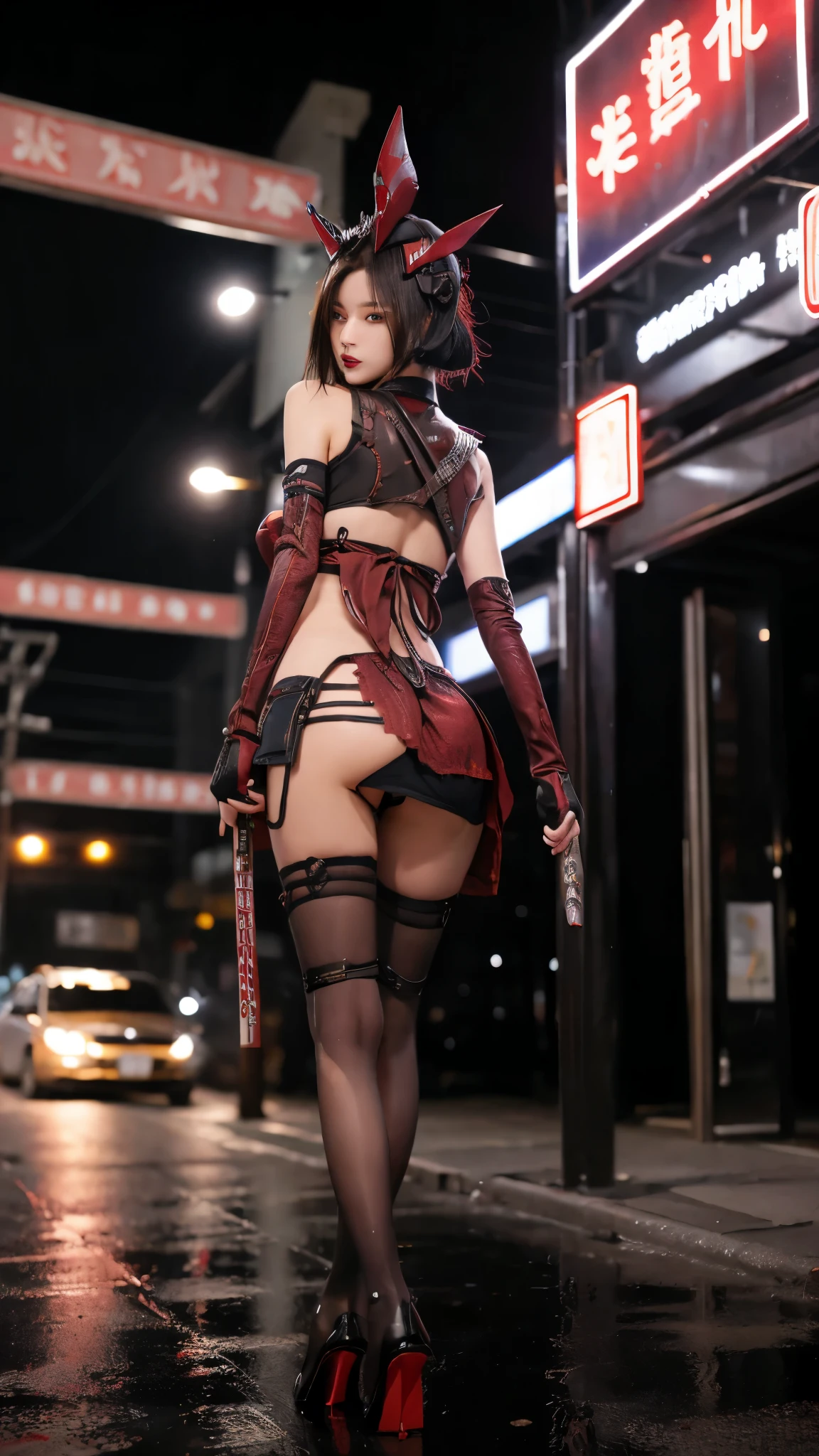 Realistic depiction of two Ninja robot walking down a street at night, shinobi yasuke.Ninja wearing conical hat. Cyborg. Red eyes, devil mask, rain. Dark night. Equipped with Sword on back. Katana on back. Robot. gears. screws. lights. wires on back. Arresting monsters in alleys.Dark fantasy.fog.