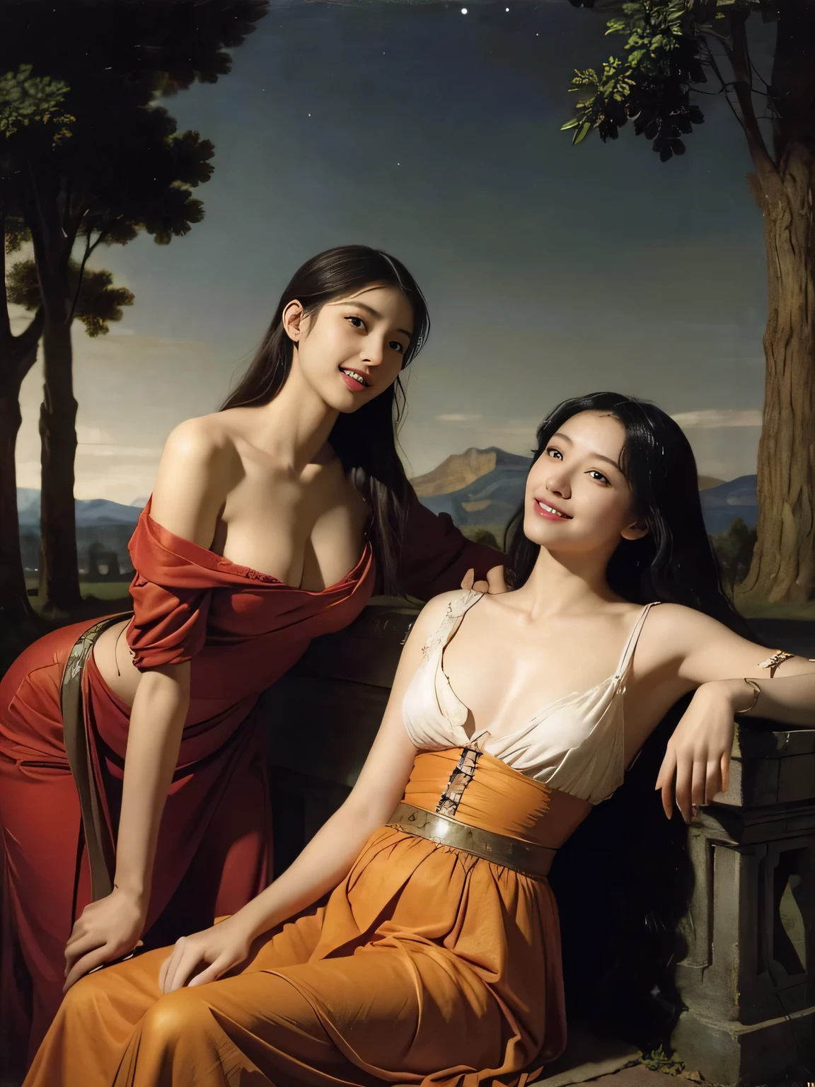 Giorgione painting style,Arguments of two female Philosophe,math、astronomical machine、astronaut、roses in vase、fruits、Cute trinkets、smile、ancient greek costume、Background is a forest lake at night 、Clothes that stretch your shoulders、A big smile、beautiful bare skin、A detailed representation of the seducing woman throughout her body.full body portrait, Ancient Roman ruins, Poussin-style landscape at night, A smile, , Sweet and seductive appearance.、Caravaggio's paintings、Chiaroscuro of Caravaggio、Hair disheveled in the wind, Two women frolicking, Cute smile, Expression of ecstasy, A sexy, Erotic
Negat