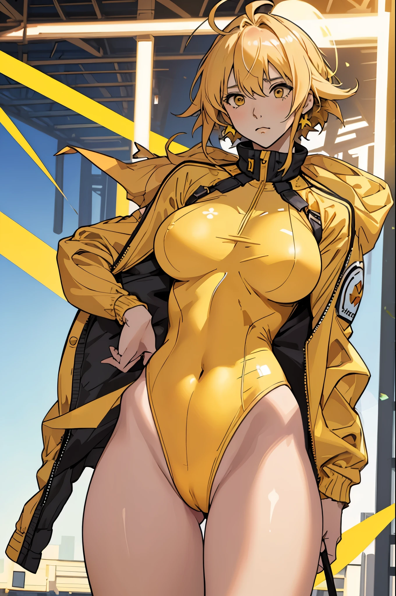 masterpiece, highest quality, High resolution, 1 girl, ticker, Ahoge, big breasts, race_Queen, Yellow leotard, Jacket, embarrassing,closed mouth, field,