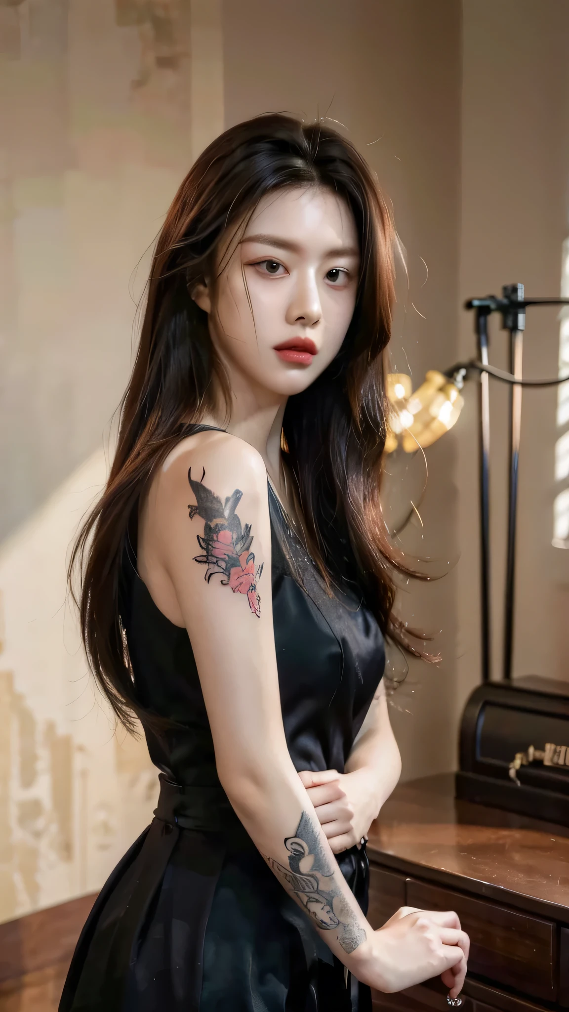 Tattoo girl, Very beautiful, super long hairstyle, messy hair, killing intent, Handsome man, betrayal, irate, Dark background, 8K, Dynamic Wallpapers, Very delicate, Very dense, dinamic pose, dinamic style, masterpiece, gangsta, mafia, tatto body, mafia tatto, beautiful, ethernal beautiful, beauty mafia, boss, blood, in the mafia headquarter, blood dress, a lot tatto, perfect face