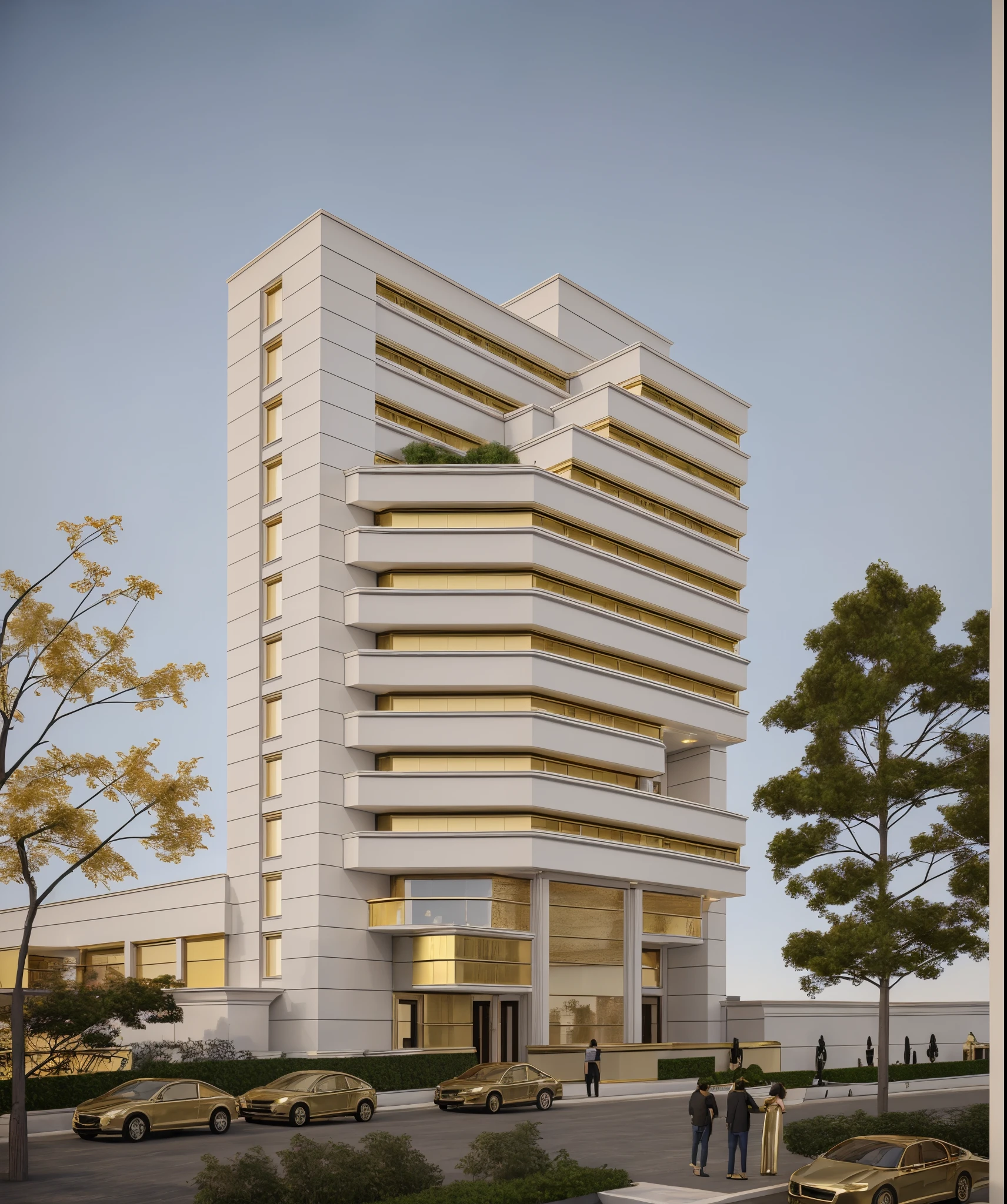 a rendering of a row of modern apartment buildings with balconies, neo - classical style, neo - classical, neo-classical, wide angle exterior 2022, precise architectural rendering, neoclassical style, exterior design, inter dimensional villa, high quality rendering, architectural rendering, residential, neo classical architecture, ultra realistic rendering, rich house, architectural visualization,((gilded wall:1,3)),((The entire building's walls are plated with 24k gold:1.3))