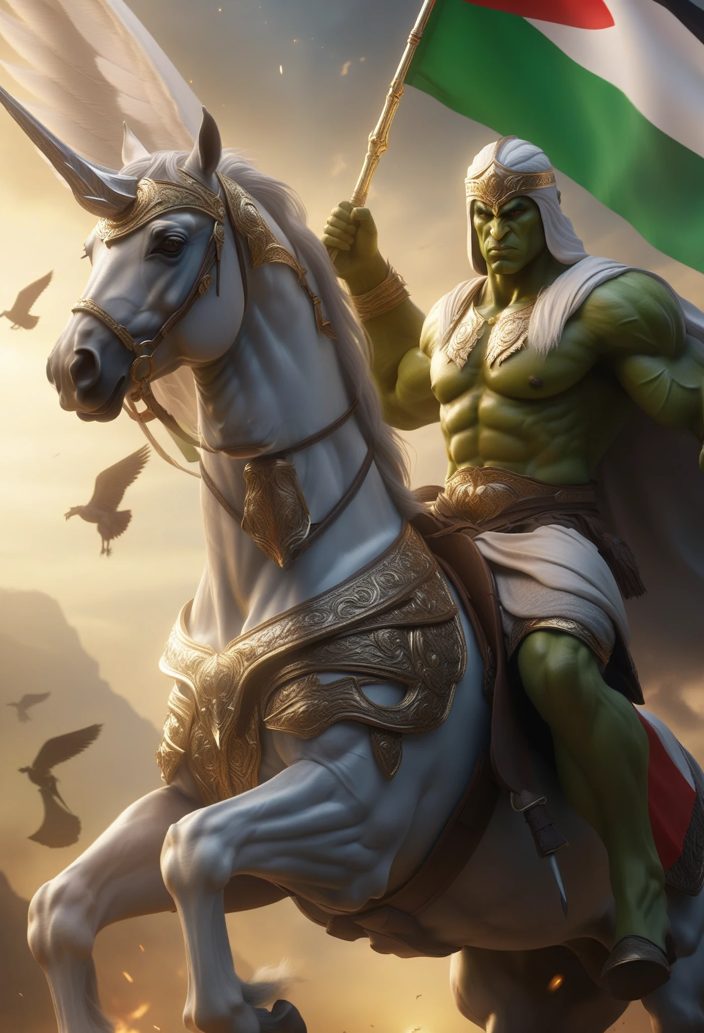 Extremely realistic, Ultra detailed, Make a this realistic, ((8K, Raw, Photography realistic:1.25)), (Masterpiece, Extremely quality), epic skin, Araffe on a white horse with a green face and a flag, ((Palestina Flag)), Hulk wearing a white turban is riding a winged Pegasus horse, while holding a dazzling luxury gold spear decorated with lots of sparkling diamonds, waving the flag, save, Palestinian flag, face realistic detail, natural shadow, natural bright, dramatic atmosphere, background CGI effect, color balance, 
 all look very detailed, very real and natural, Arabic orc, persian warrior, boris johnson as hulk, donald trump as the hulk, hulkish, heroic fantasy photogrraphy, epic digital art illustration, an angry muscular army general, horse warrior, an epic majestical degen trader, 4k fantasy photo, by Ahmed Karahisari, hyper realistic shadow, hyper realistic lighting, hyper realistic for all, ultra detail for all, Ultra clean photo,