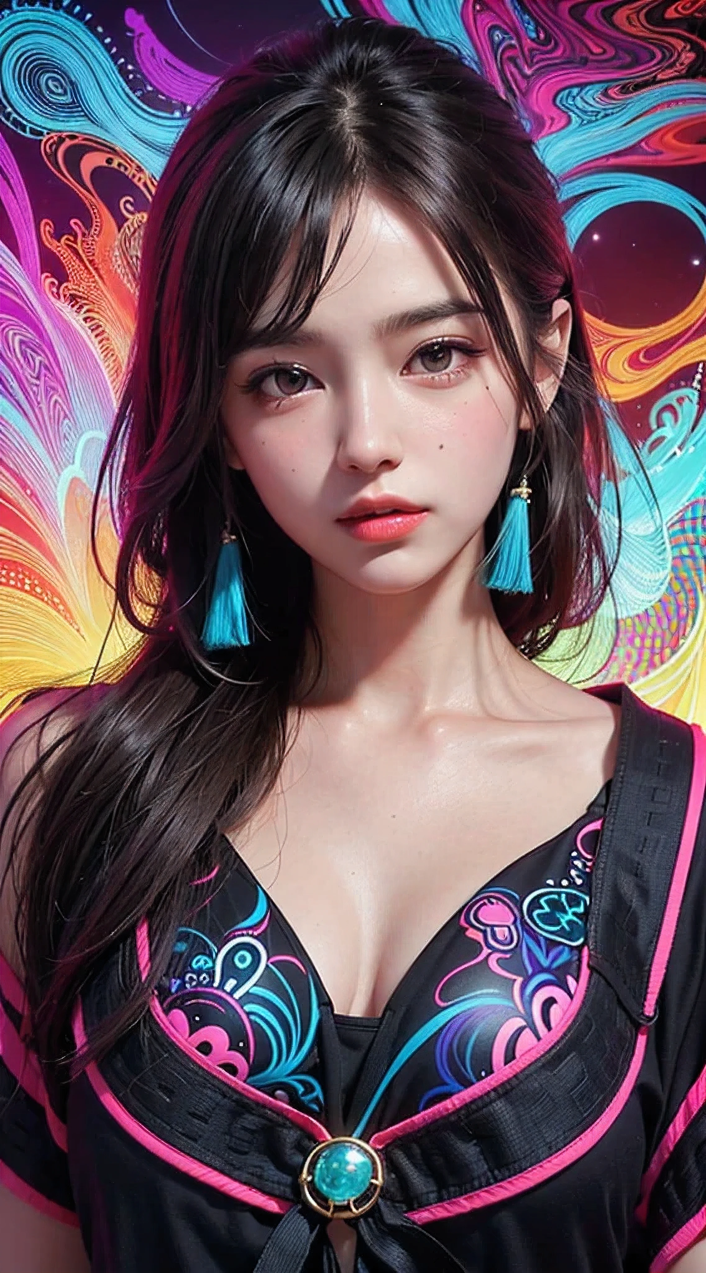(masutepiece, of the highest quality, Best Quality, Official art, Beautiful and aesthetic:1.2), (1girl in:1.3), Extremely detailed,(Fractal Art:1.2),Colorful,highest details,( Zentangle Neon:1.2), (Dynamic Pose), (Abstract background neon:1.5), (Congressional Dresses:1.2), (Shiny skin), (Many colors:1.4), Upper body ,neons,16 K,Full-HD