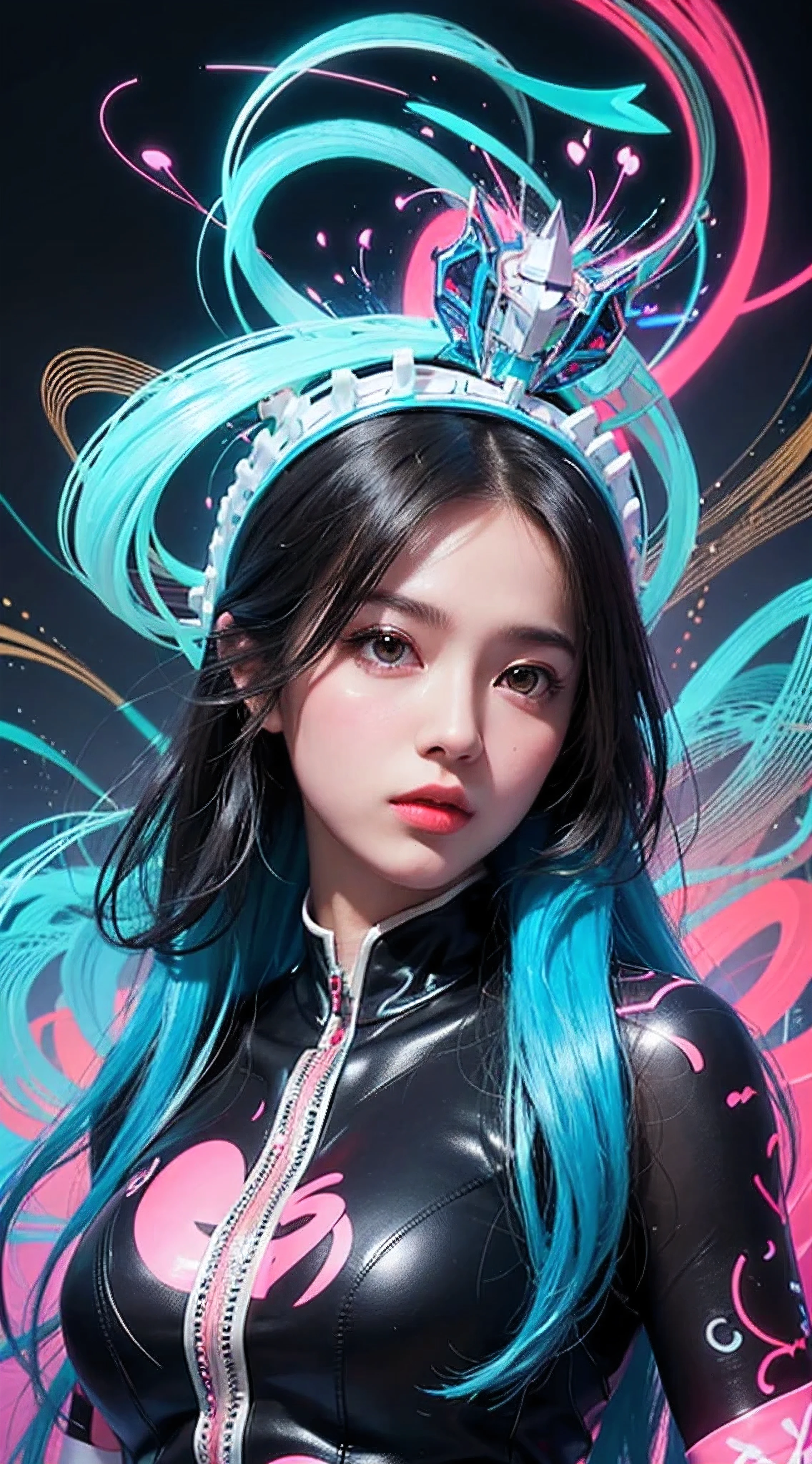 (masutepiece, of the highest quality, Best Quality, Official art, Beautiful and aesthetic:1.2), (1girl in:1.3), Extremely detailed,(Fractal Art:1.2),Colorful,highest details,( Zentangle Neon:1.2), (Dynamic Pose), (Abstract background neon:1.5), (Congressional Dresses:1.2), (Shiny skin), (Many colors:1.4), Upper body ,neons,16 K,Full-HD