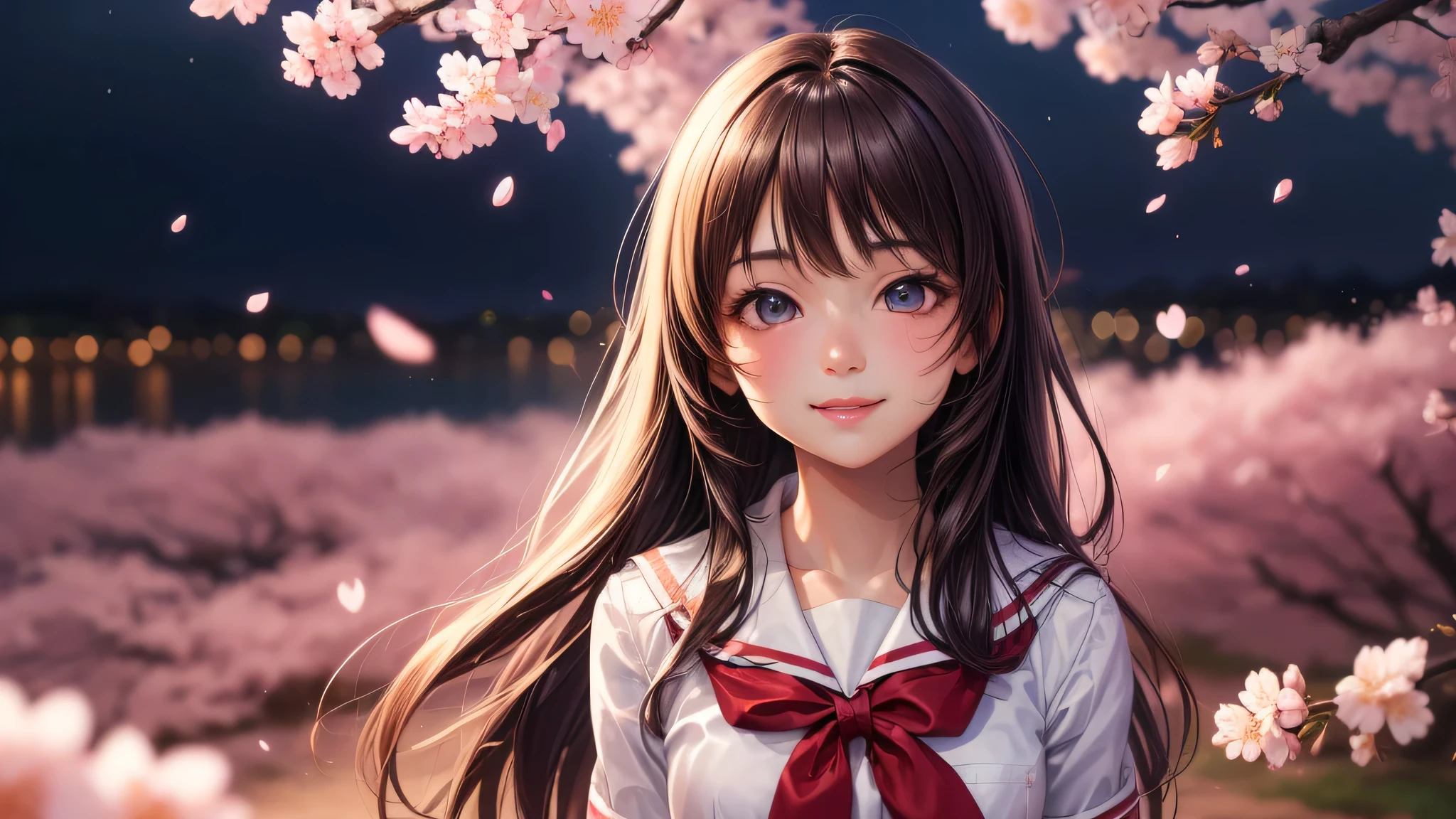 (1 girl:1.2), very cute face, (highly detailed eyes, highly detailed face), Fresh, very beautiful appearance, (surreal, High resolution), (highest quality:1.4), professional photography, (high school uniform, pleated mini skirt:1.2), smile a little, (Cherry blossoms at night, night:1.2), dim light, cherry blossoms, Upper body, focus on the face, anime,