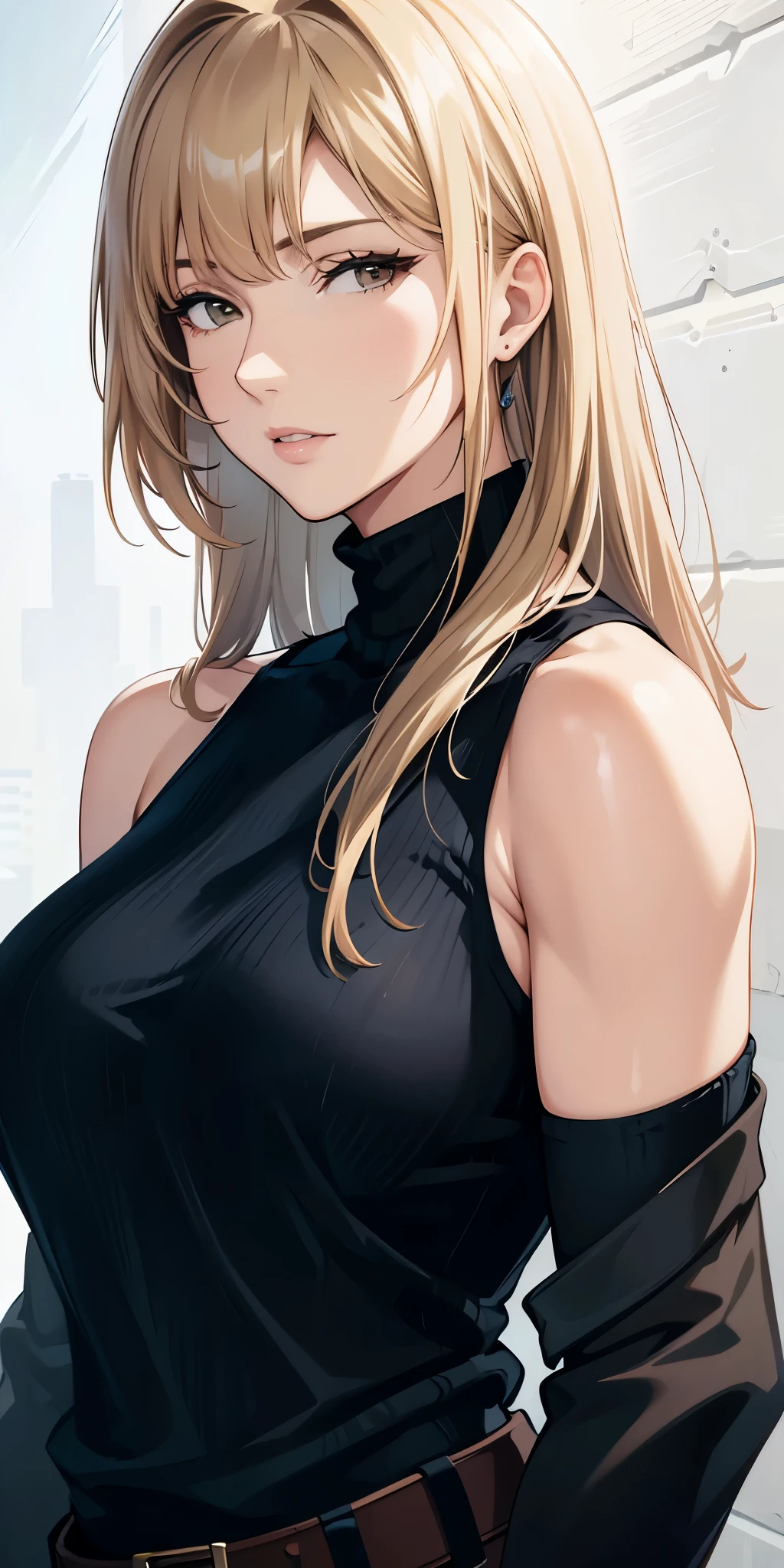 (best quality, highres), portrait, upper body, cool type adult woman, long hair, swept-side bangs, [[[brown hair]]], blonde hair, brown eyes, turtle neck tank top, big breast, plain wall, ultra detailed cg,
 