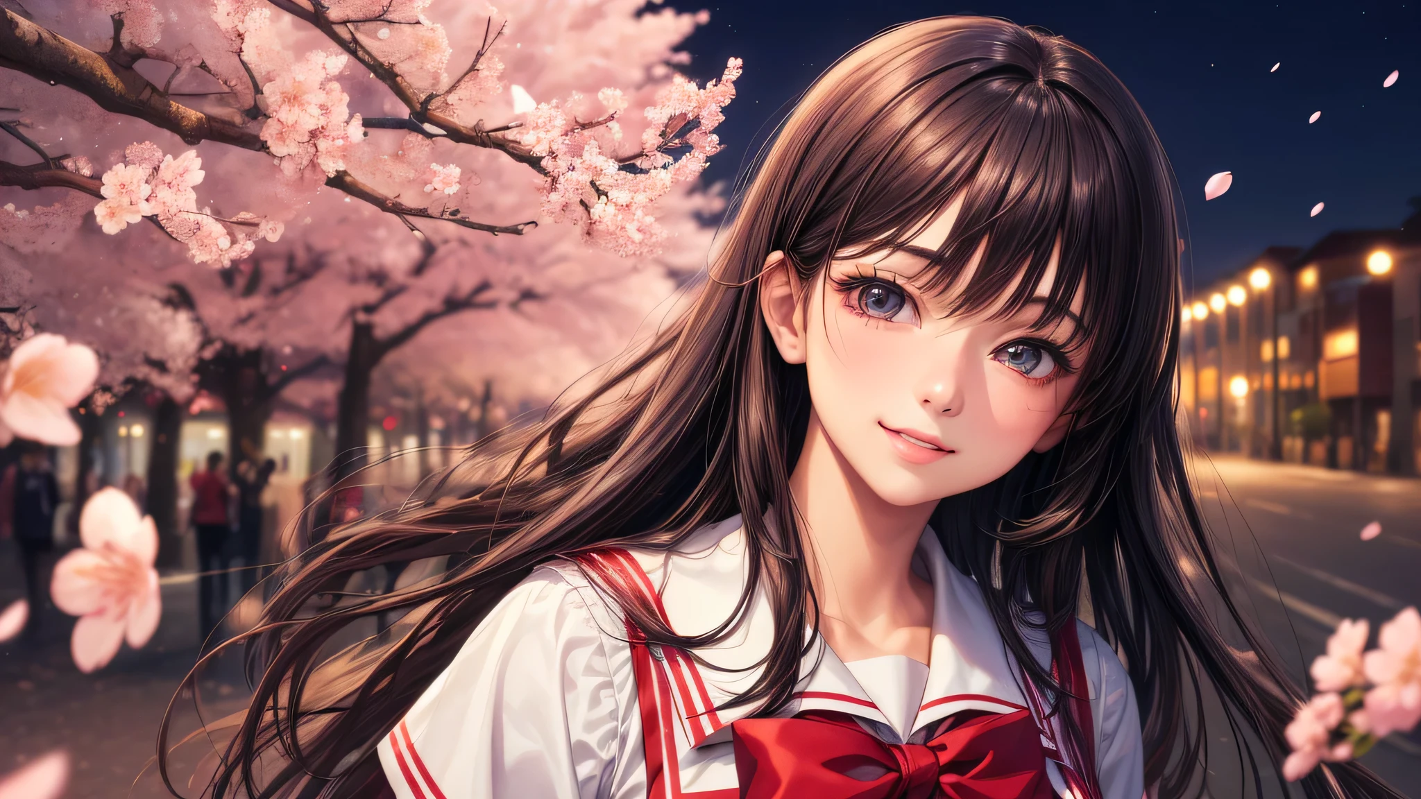 (1 girl:1.2), very cute face, (highly detailed eyes, highly detailed face), Fresh, very beautiful appearance, (surreal, High resolution), (highest quality:1.4), professional photography, (high school uniform, pleated mini skirt:1.2), smile a little, (Cherry blossoms at night, night:1.2), dim light, cherry blossoms, Upper body, focus on the face, anime,