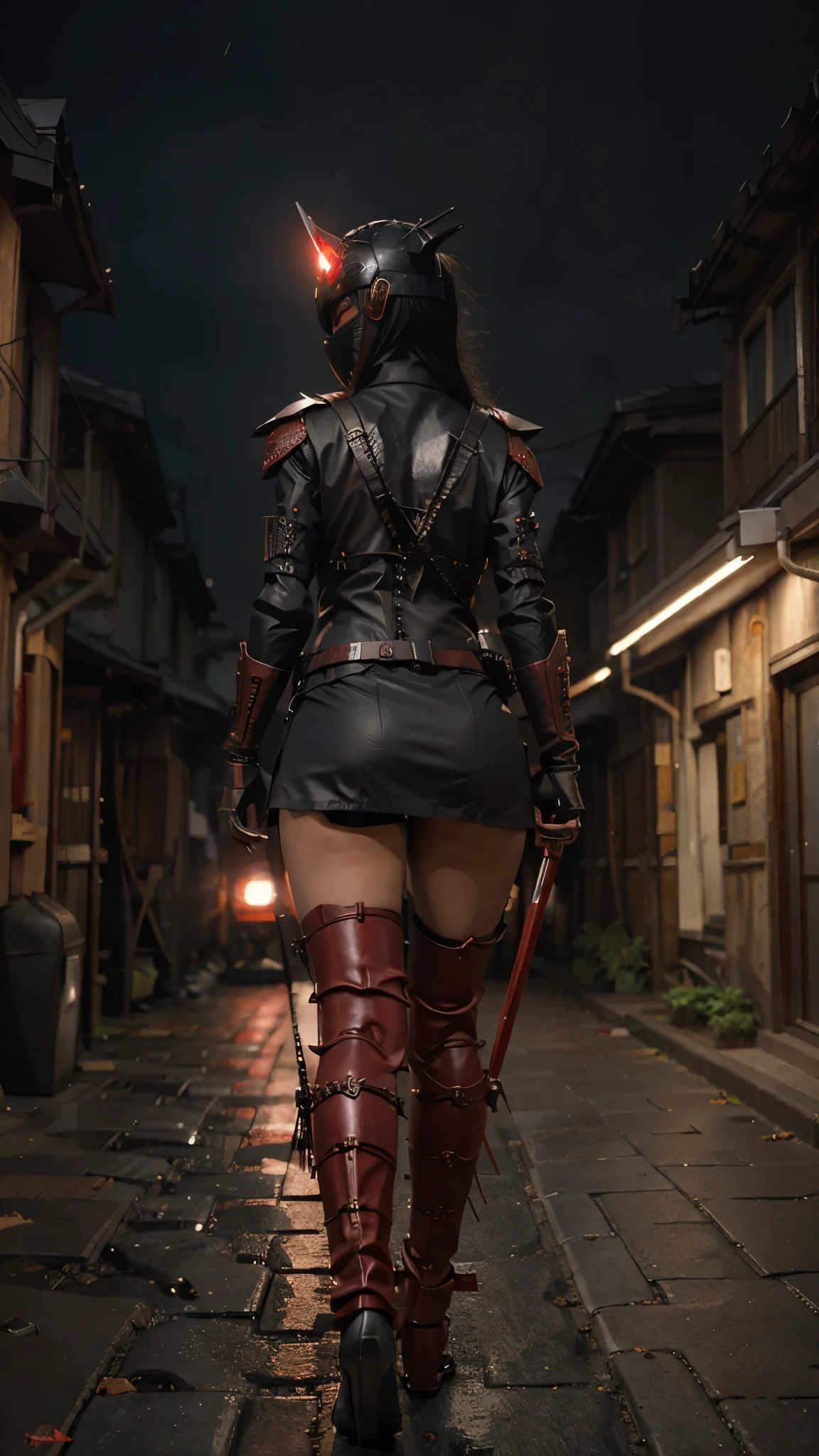 a woman with a sword on a city street, very beautiful cyberpunk samurai, female samurai, guweiz, cyberpunk samurai, guweiz on artstation pixiv, realistic anime 3 d style, unsheathing her katana, beautiful female assassin, samurai outfit, female rouge assassin, guweiz on pixiv artstation, holding a black katana. rain falls.
