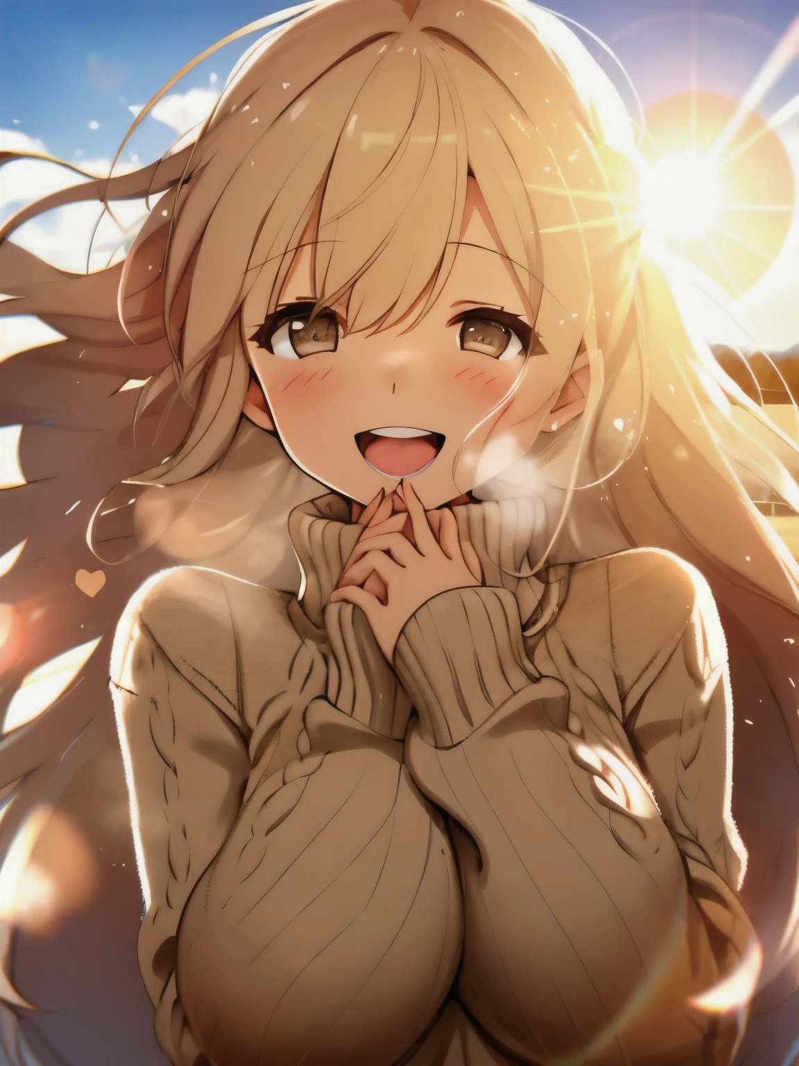 a girl, cosy sweater on, upper body, (huge Laughing:1.1), (open mouth:1.1), (wide open eyes:1.2), sun glare, bokeh, depth of field, blurry background, light particles, strong wind, (heart particles:1.1)