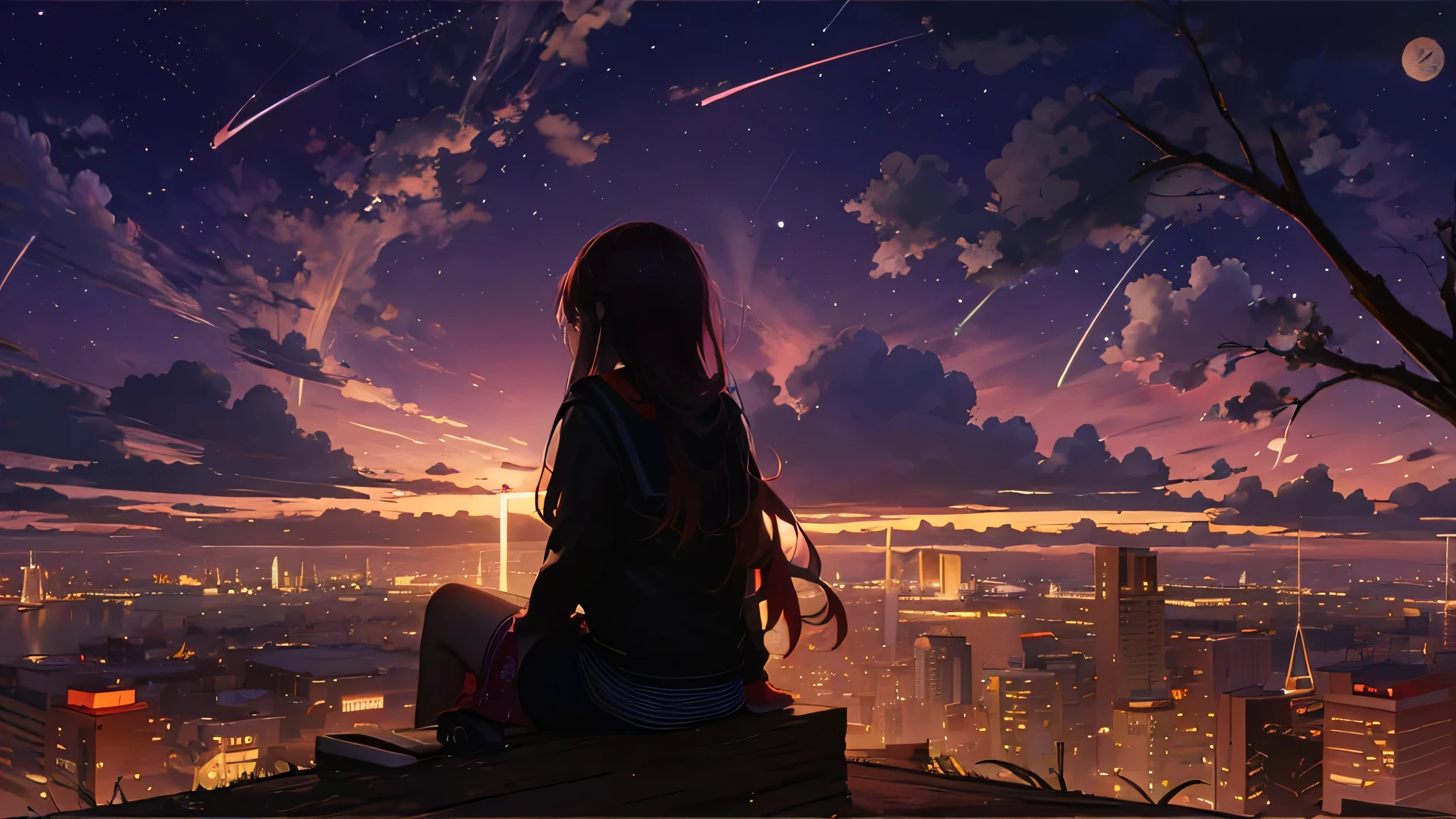 Anime girl sitting on a shelf and watching the night sky, 4k anime wallpaper, anime art wallpaper 4k, anime art wallpaper 4k, anime wallpaper 4k, anime wallpaper 4k, anime art wallpaper 8k, anime style 4k, anime girl desktop background, 4k manga wallpaper, ultra hd anime wallpaper, beautiful anime scene, anime background