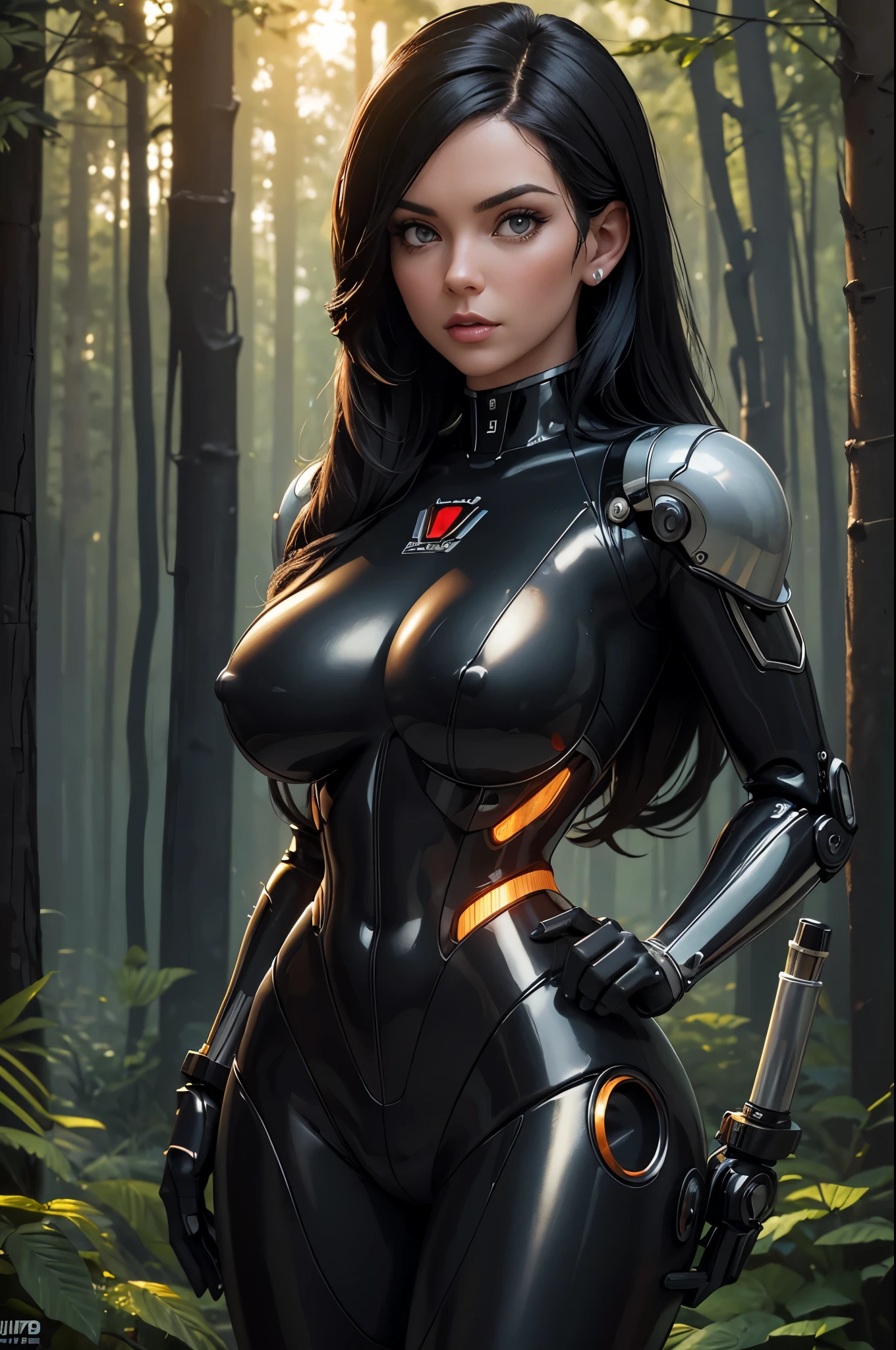 Alison Tyler in masterpiece, best quality, bio-robot, glassy texture, mechanical core, conduit, she's got tubes all over him, long black hair, stylish_pose, perfect body, big bust, big ass, in the forest, lit by firelight, sfw (ultra hd quality details)