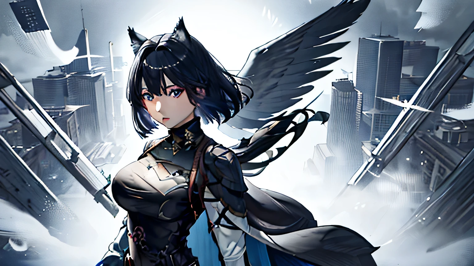 One Young Woman、beautiful features、Tight and powerful expression、clear slanted eyes、Powerful eyes with emphasized eyeliner、eye color is bright blue、black hair bob cut、small bust、The basic attire is a tight skirt and turtleneck..、Costumes based on black and blue、glamorous and tight clothing、unique design costumes、Huge white wings grow from its back..、Flying high in the sky alone、The camera is looking from above.、The background is the starry sky and the city lights below..、It has a sense of dynamism.、fantastic scenery