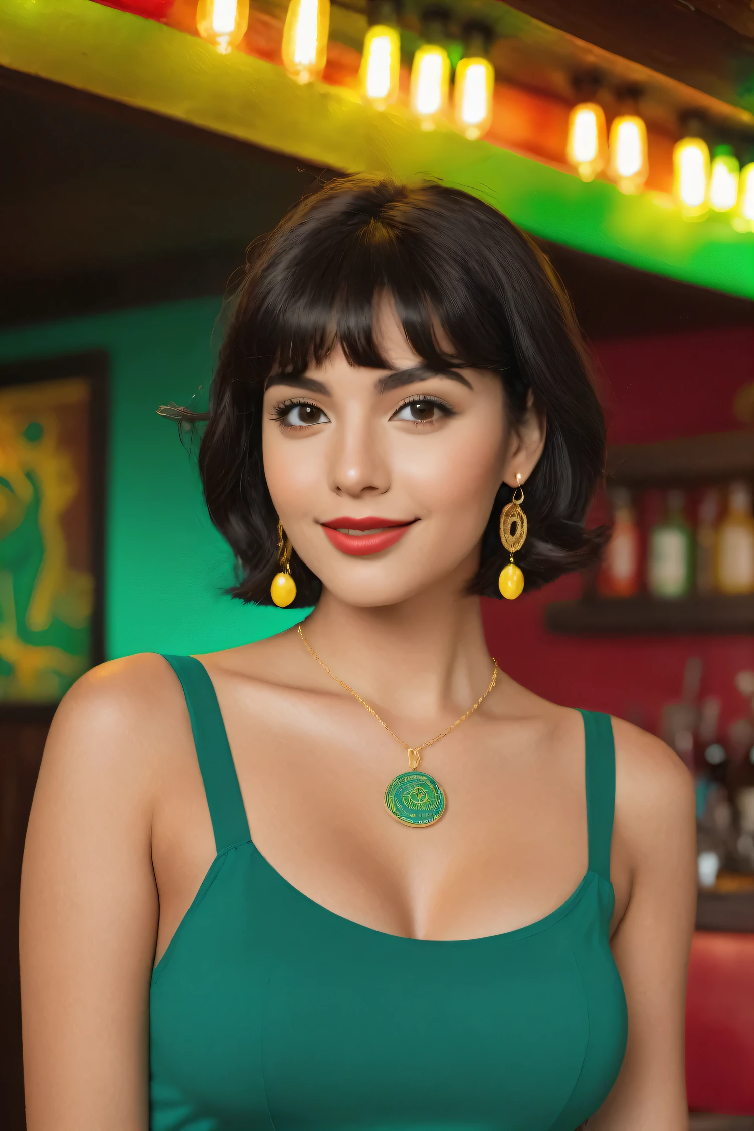 RAW photo in sequence, a photo of a 25 year old Colombian woman, a black bob haircut, 60's style short dress, ((entire body selfie, happy)), detailed face, large breasts, thick lips, slightly blurred detailed backgrounds, natural lights, HDR, realistic photo, a professional photo, camera as spectator, sexy visual, photorealistic, cute, long black hair, Kodak Super 8, high quality, filmic grain, metallic red long tank top, earrings, curvy body, in a dark sexy sixties style Tiki Bar, (Soft Green, Red and yellow lighting in the background)