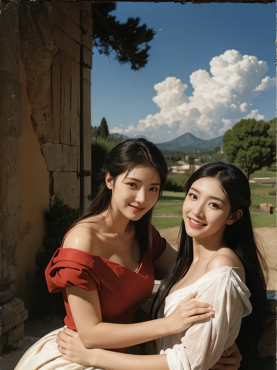 Ancient Roman landscape in the style of Nicolas Poussin,A smile,,Sweet and seductive appearance.、Caravaggio's paintings、Chiaroscuro of Caravaggio、Hair disheveled in the wind,Two women frolicking,Cute smile, Expression of ecstasy,A sexy,erotick