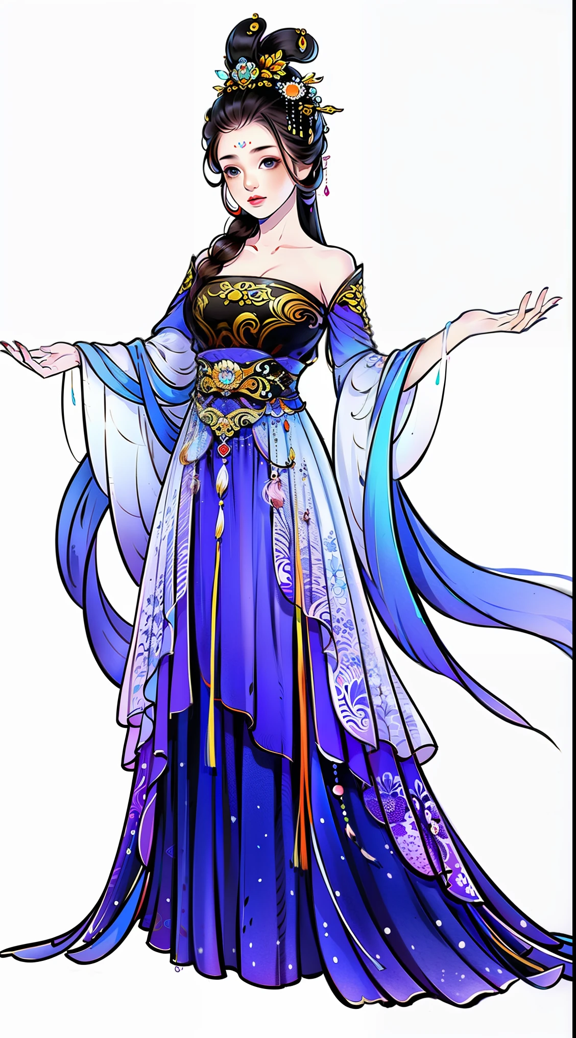 1 female（pretty face），Unique，full body standing painting，alone，Transparent Background，Original character designs from East Asia，Game character costume design，Gorgeous layered sequin skirt，high detail，color grade，White background，ultra high resolution，sharp focus，HD，8k，clear facial features，clear details