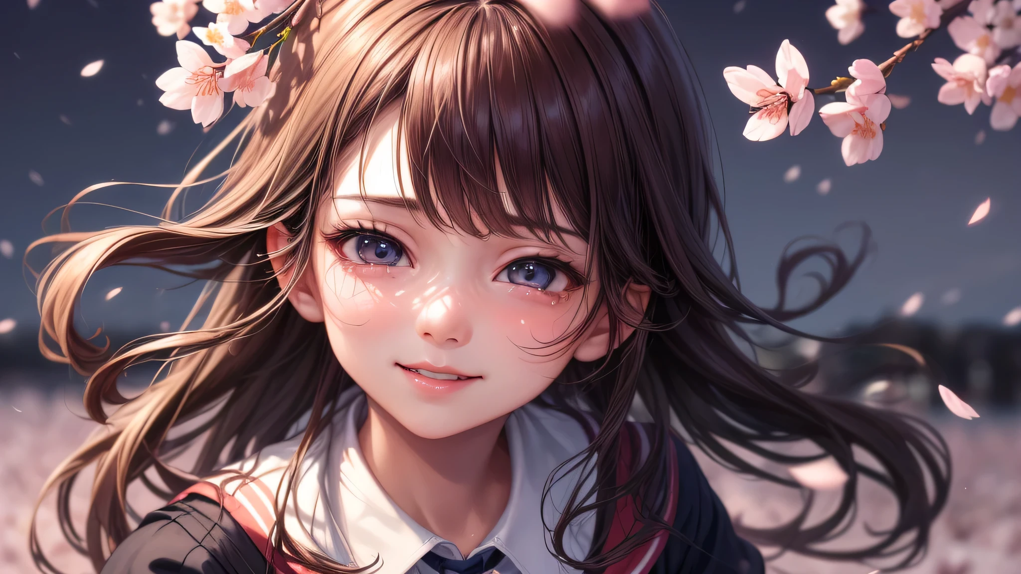 (1 girl:1.2), very cute face, (highly detailed eyes, highly detailed face), Fresh, very beautiful appearance, (surreal, High resolution), (highest quality:1.4), professional photography, (high school uniform, pleated mini skirt:1.2), smile a little, (Cherry blossoms at night, night:1.2), dim light, cherry blossoms, Upper body, focus on the face, anime, shed tears,