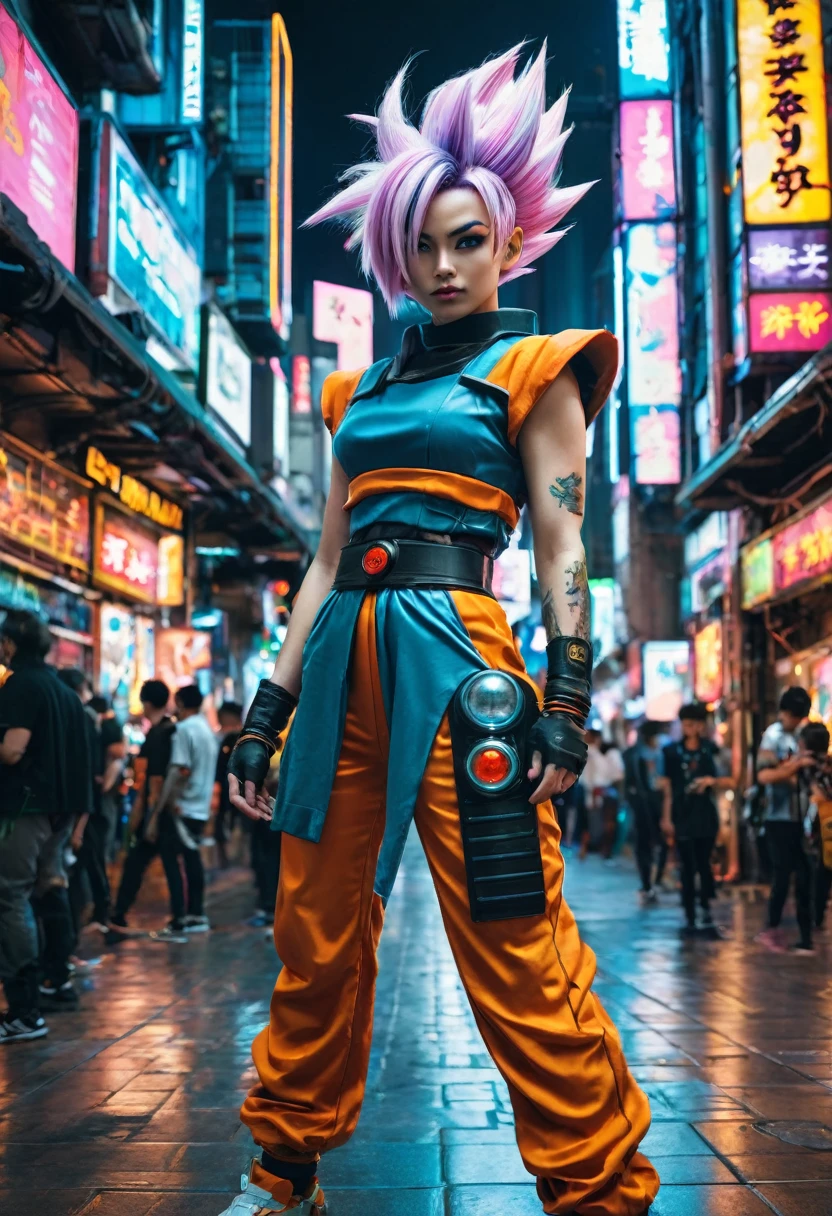 Realistic, sci-fi, Dragonball cosplay in cyberpunk, Dragonball in cyberpunk stylel, Dragonball style, Dragonball random, cyberpunk city, cyberpunk style, mix of Dragonball and cyberpunk 2077