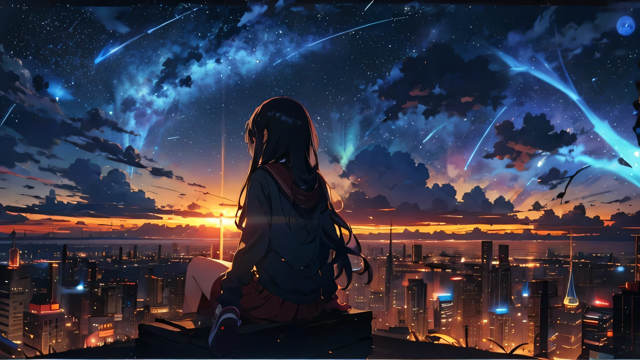 Anime girl sitting on a shelf and watching the night sky, 4k anime wallpaper, anime art wallpaper 4k, anime art wallpaper 4k, anime wallpaper 4k, anime wallpaper 4k, anime art wallpaper 8k, anime style 4k, anime girl desktop background, 4k manga wallpaper, ultra hd anime wallpaper, beautiful anime scene, anime background