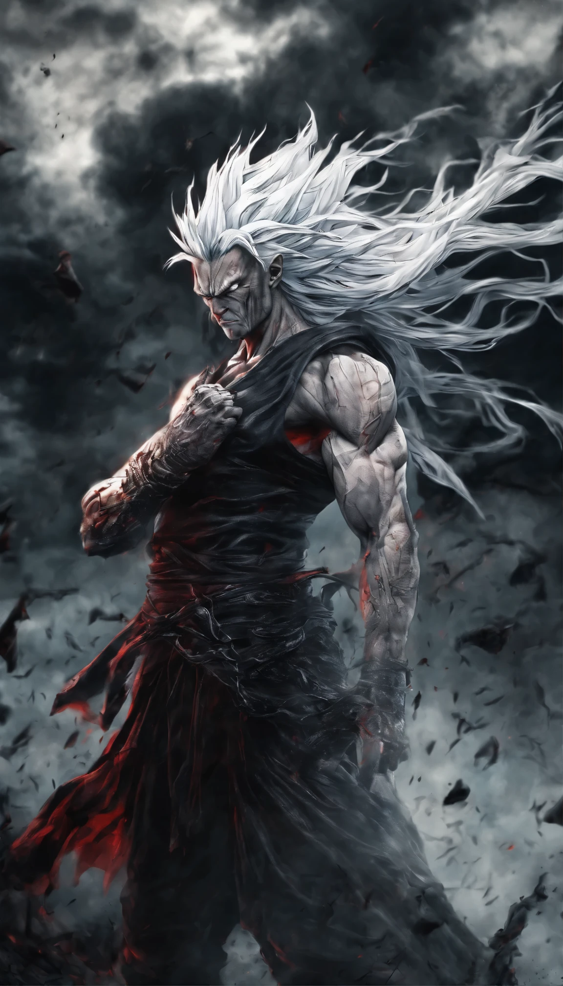 Tall strong man, long messy flowing white hair, glowing red eyes, pale white skin, vampiric, fully naked, huge cock, handsome, smiling gently, standing in the rain at night, vampire, vampiric, muscular, buff, vaguely white caucasian skin, wearing a very loose and revealing purple robe