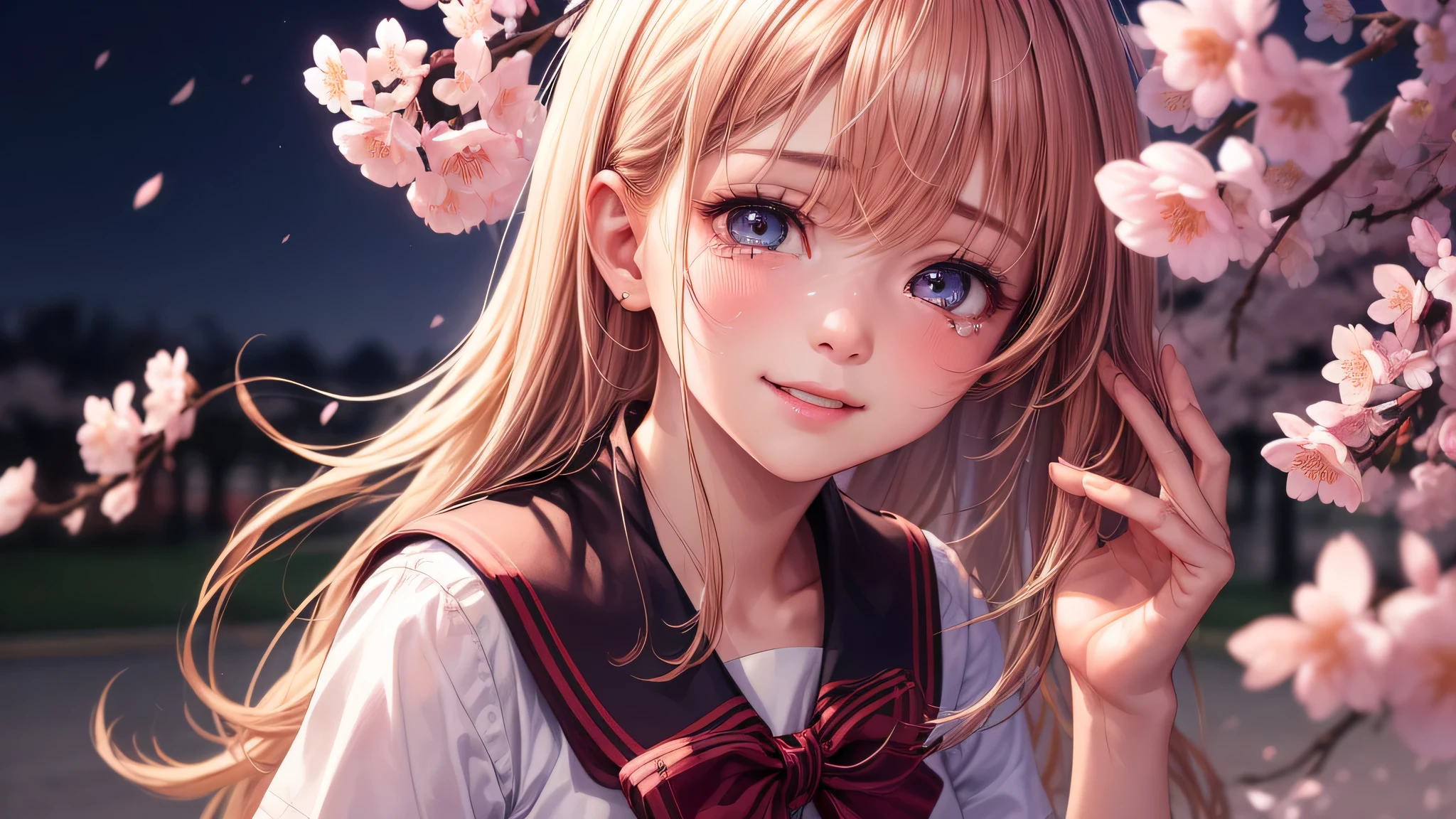 (1 girl:1.2), very cute face, (highly detailed eyes, highly detailed face), Fresh, very beautiful appearance, (surreal, High resolution), (highest quality:1.4), professional photography, (high school uniform, pleated mini skirt:1.2), smile a little, (Cherry blossoms at night, night:1.2), dim light, cherry blossoms, Upper body, focus on the face, anime, (shed tears),