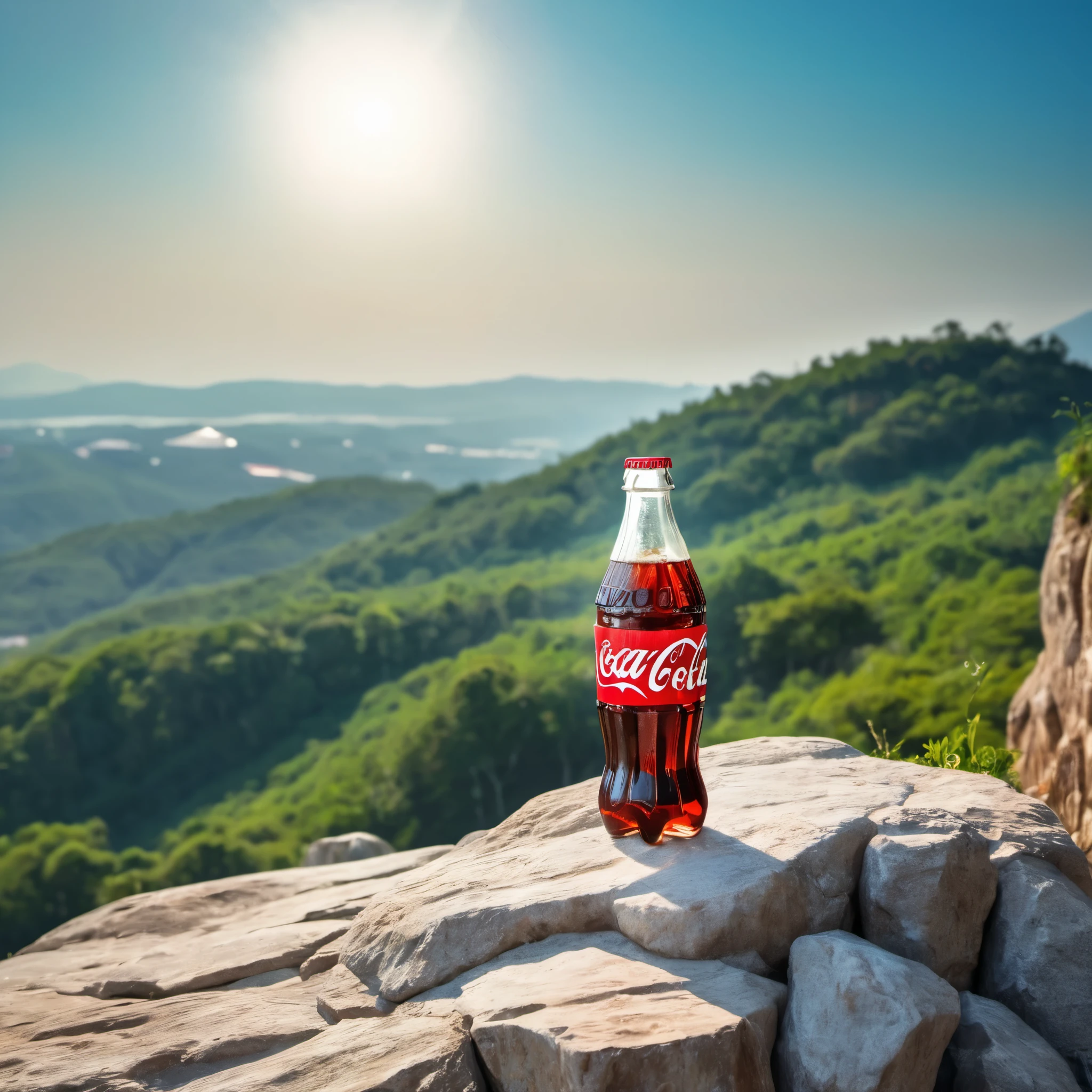 Coca'cola on op of the hill on the rock clear sky background and shinning sun 