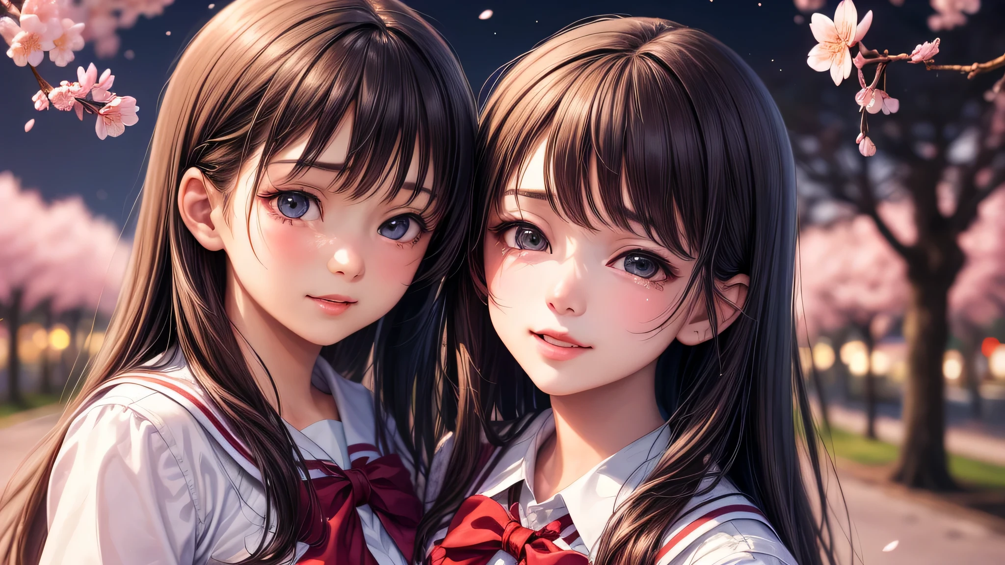(1 girl:1.2), very cute face, (highly detailed eyes, highly detailed face), Fresh, very beautiful appearance, (surreal, High resolution), (highest quality:1.4), professional photography, (high school uniform, pleated mini skirt:1.2), smile a little, (Cherry blossoms at night, night:1.2), dim light, cherry blossoms, Upper body, focus on the face, anime, (shed tears),