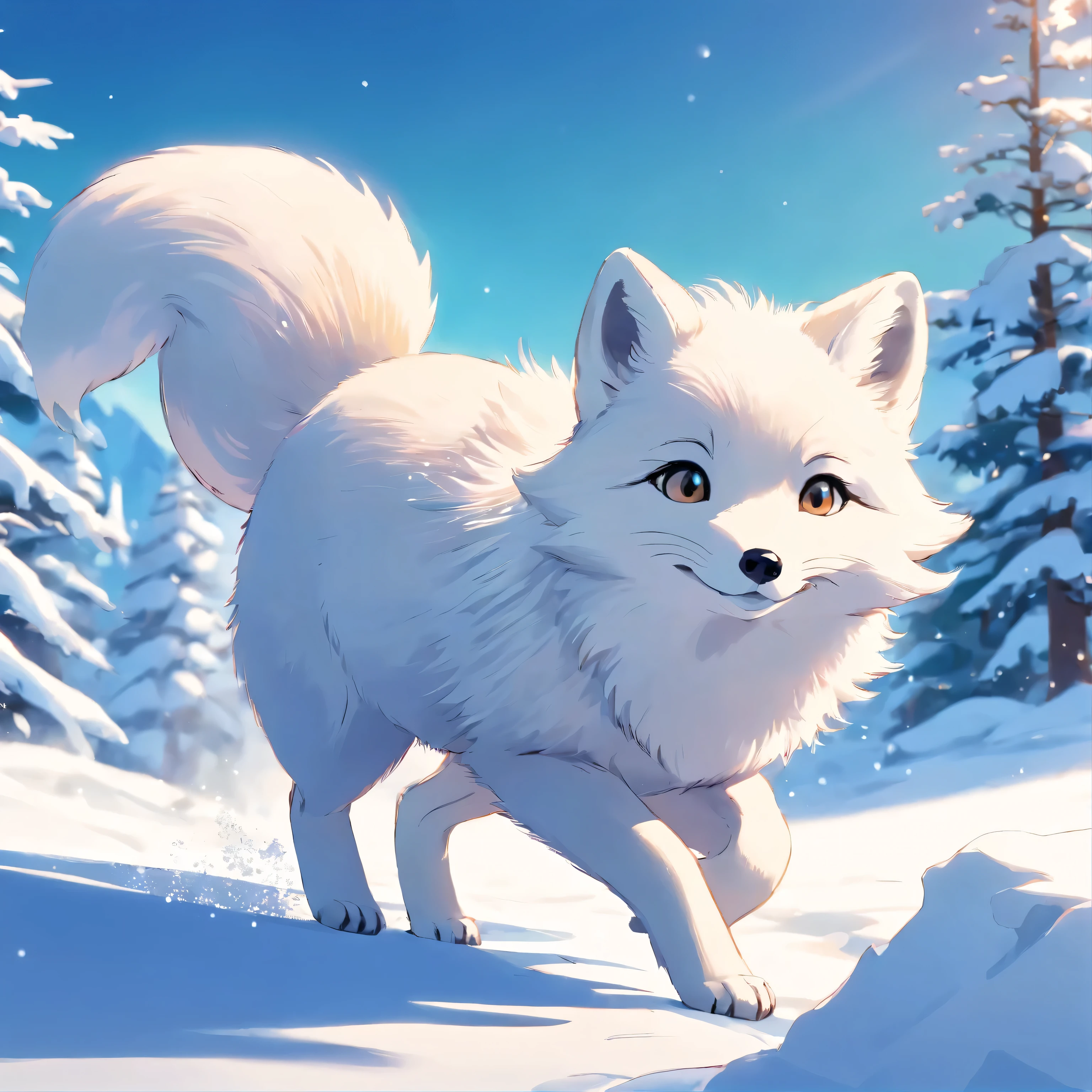 An arctic fox frolicks playfully in the untouched snow, mit seinem Fell, that shines silver in the sunlight, vor einer ruhigen Schneelandschaft mit einer Reihe eleganter, schneebedeckter Kiefern im Hintergrund, high resolution image, Quality photo, lebensechte Wiedergabe, lebendige Farben, scharfe Details, im Stil von National Geographic.