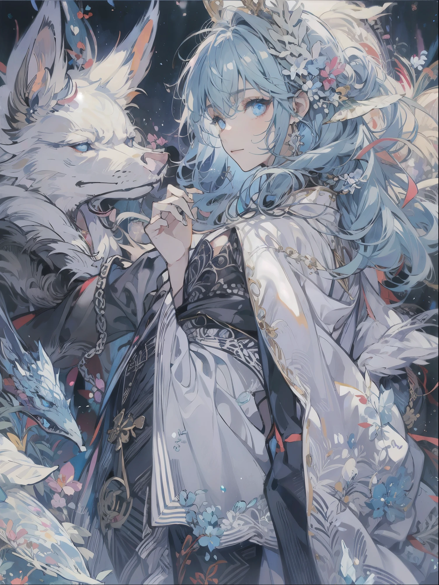 8K resolution, ((highest quality)), ((masterpiece)), ((super detailed)), (very delicate and beautiful), with a boy, solo, cool, grim expression, light blue hair, Depth of the bounds written, A determined face, bright light blue eyes, dark light blue hair, beautiful background, short wolf, linear art, Eyes that shine like crystal, upper eye, wonderful eyes, Upper body, urban area, building