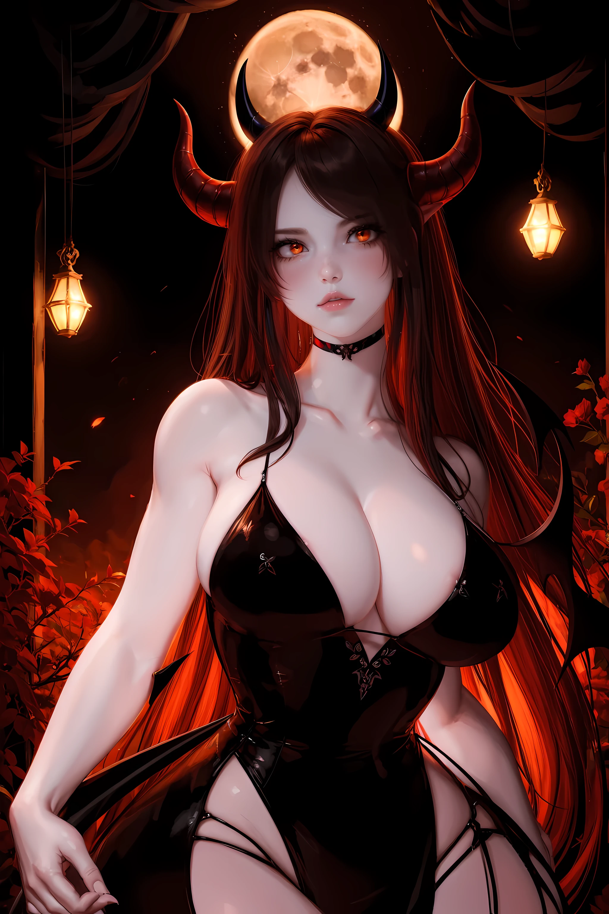 s0fth0rns,(8k,high resolution,masterpiece:1.2),actual,photo-actual:1.37,Demon girl with s0fth0rns,red corner,Beautiful and delicate eyes,Beautiful and delicate lips,Extremely detailed eyes and face,long eyelashes,Sexy long black hair,fiery red eyes,Wearing a dark flowing robe,Floating in a misty forest under the moonlight,Red eyes penetrate the darkness,The soft and ethereal light illuminates her graceful figure,Subtle shadows dance around her,Red roses surrounded by thorny vines,A sinister yet fascinating presence.,Depicted with dark and dramatic chiaroscuro lighting,Create an unforgettable and charming atmosphere,A clever fusion of traditional oil painting and digital art,Evoke a sense of mystery and seduction,Perfectly capturing the duality of beauty and darkness in the enchantress.