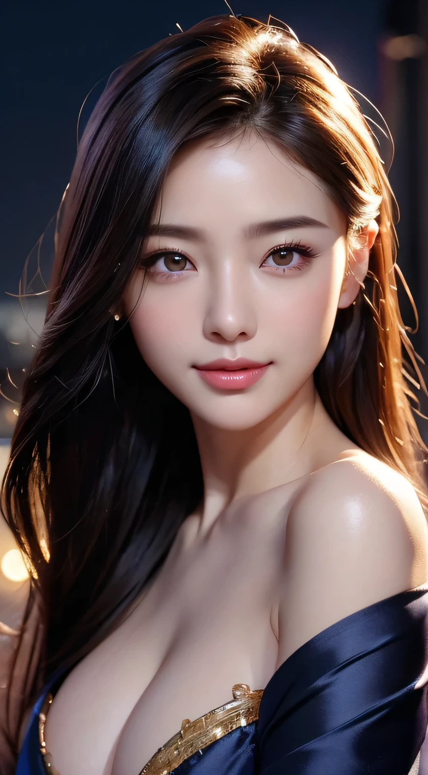 Beautiful woman in kimono,body portrait、8k,thin and beautiful eyes,Dindal effect、masterpiece, 最high quality, high quality, High resolution、very detailed写真、(natural skin texture、fine skin、hyper realism、Super sharpness)、high detail skin、(very detailed、fine skinの質感、intricate details、beautiful face、(lifelike face)、realistic eyes、beautiful and detailed eyes、real looking skin、beautiful skin、big breasts、G cup、shiny skin、shiny bodysuit、surreal、very detailed、golden ratio、with smiling eyes、((night moonlight background))、body portrait