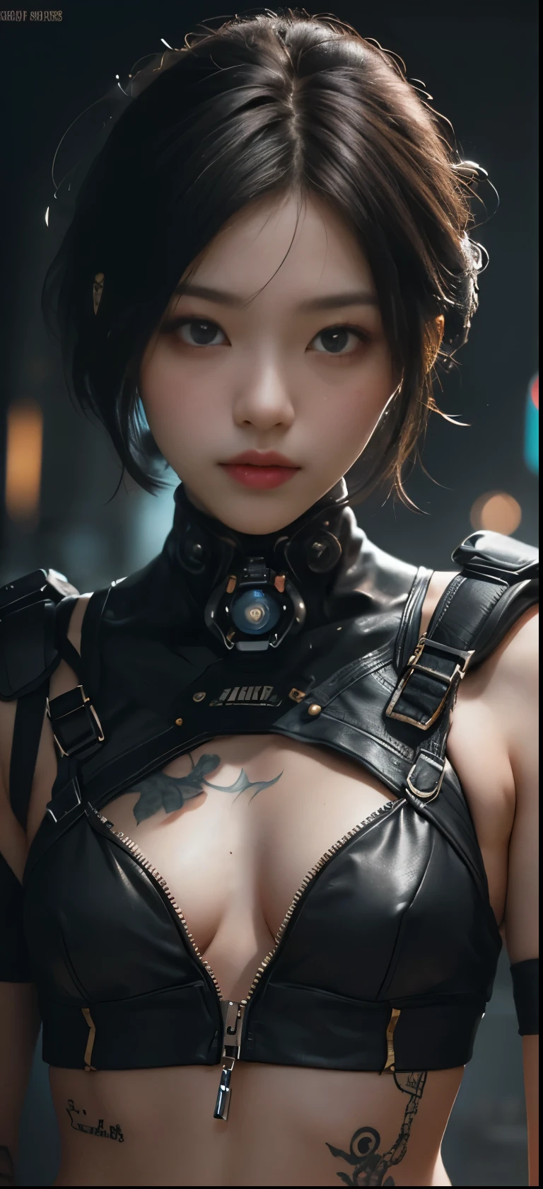 NSFW(((masterpiece))), (((Best Quality))), ((Ultra-detailed)), (extremely detailed photo), ((extremely delicate and beautiful)),(Cute delicate face), an image of cyberpunk, steampunk, sci-fi, cyberpunk fan art, cyberpunk hd wallpaper, cyberpunk art, cyberpunk pics, cyberpunk images, (tall and A 35 years old cool Asian girl),solo,short hair,looking at viewer, mechanical girl, armor ,(beautiful face and eye), double eyelid,delicate skin,slender body shape,small breast,tattoo,beautiful abs