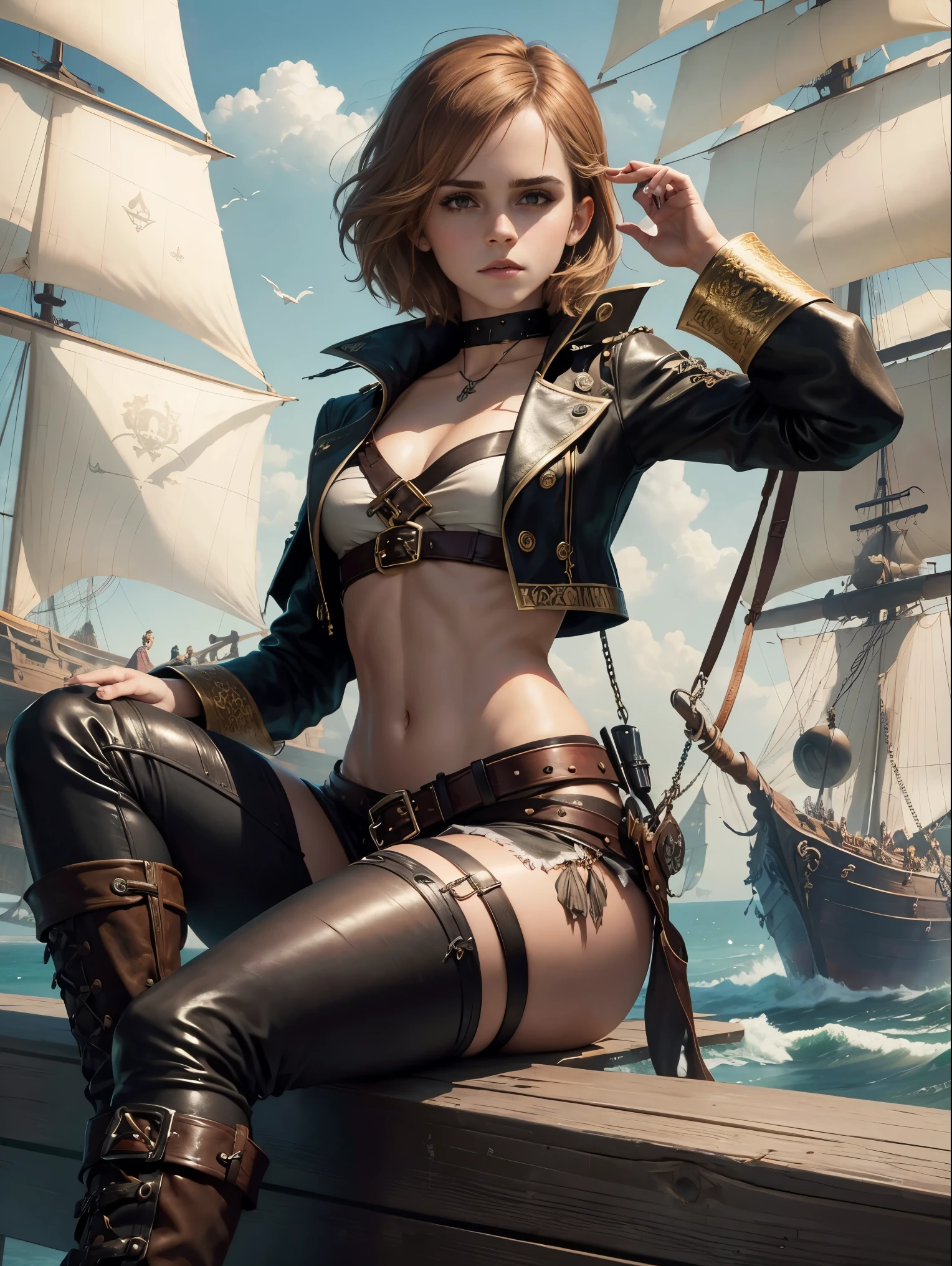 emma watson as a sexy pirate sitting on a fence. tight intricate leather pirate costume. crop top. slender body. background pirate ship.