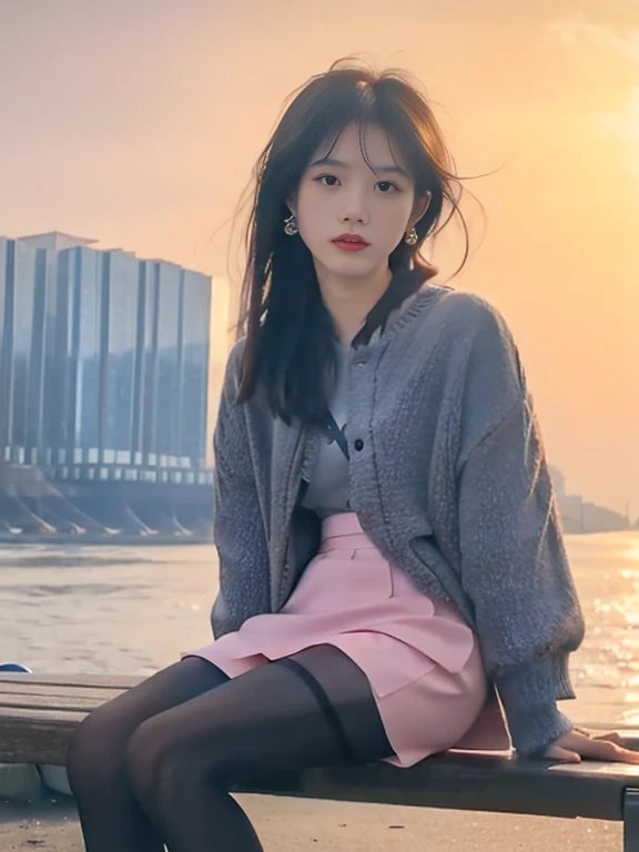 (whole body:1.5),(1 girl:1.3),(view viewer:1.4),(correct anatomy:1.3),(Sitting on a bench by the sea:1.2),(pink and blue rubber skirt :1.2),( dim gray pantyhose:1.3),pumps、( girl's pointed thick heels :1.1),(accurate and perfect face:1.3),hyper hd, ray tracing, reflected light, structurally correct, Award-winning, high detail, Brighten the contrast of shadows, face lighting ,cinematic lighting, masterpiece, super detail, high quality, high detail, 最high quality, 16k,high contrast,black hair、whole body写真、ear piercing