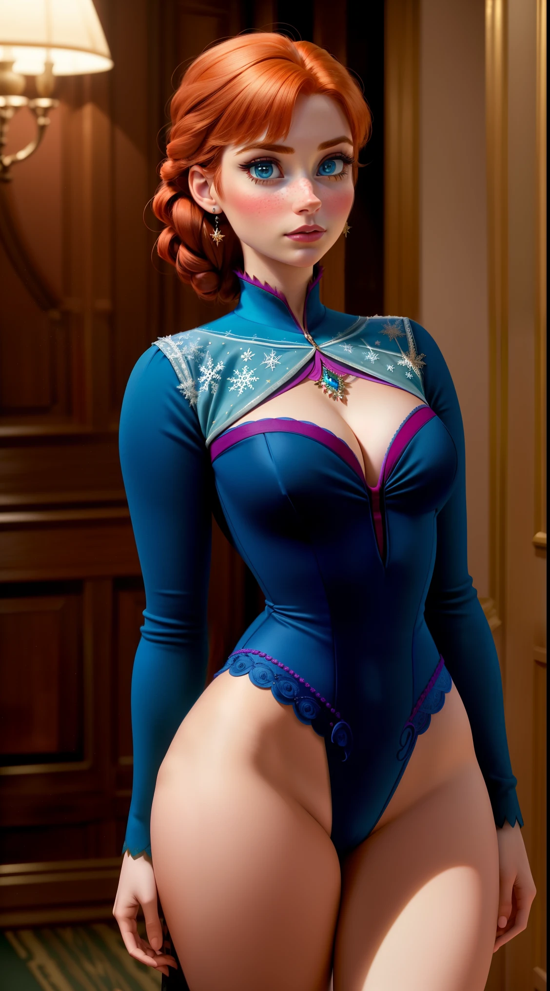 ,30 years old Anna from Frozen, woman, ((Masterpiece, best quality)), full body view, wide hips, detailed skin, Anna from Frozen,  Anna clothes,  highly detailed, cinematic lighting, ultra realistic, blush, looking at viewer, Anna, Anna from movie Frozen, red hair, blue eyes, huge breasts, tall body, long sexy legs, perfect body.