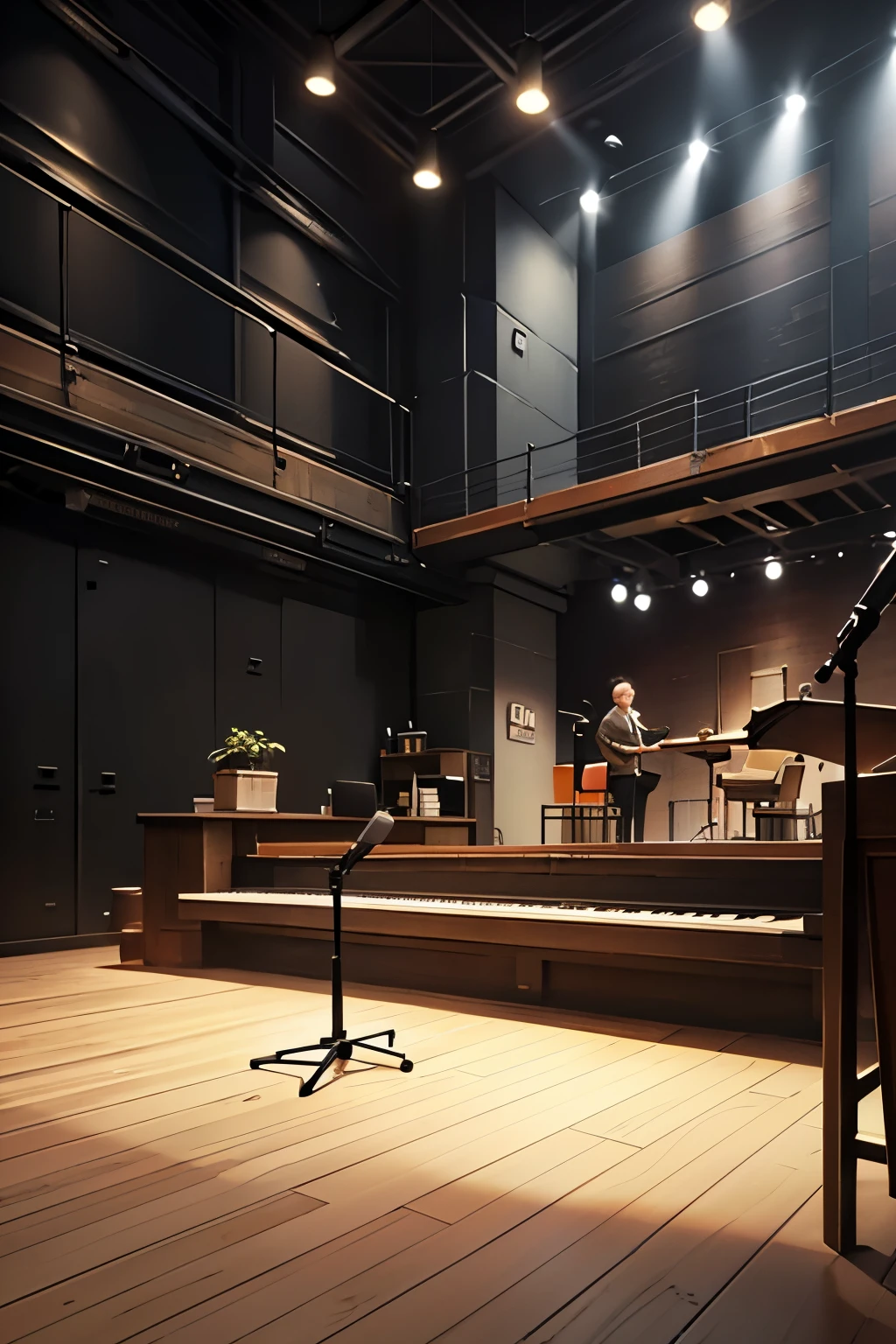 Picture this: A sophisticated and modern music production studio, where the aroma of creativity fills the air. At the heart of the room lies a massive professional mixing desk, its surface adorned with an intricate arrangement of knobs and sliders that gleam under the soft, ambient lighting.
Several high-quality microphones, standing tall and proud on their stands, are ready to capture every nuance of sound. Acoustic guitars, their strings gently glinting, rest easy on the custom-made hangers and stands, poised to bring melodies to life.
The studio's design seamlessly merges dark wooden flooring with black and wooden walls, creating a stimulating