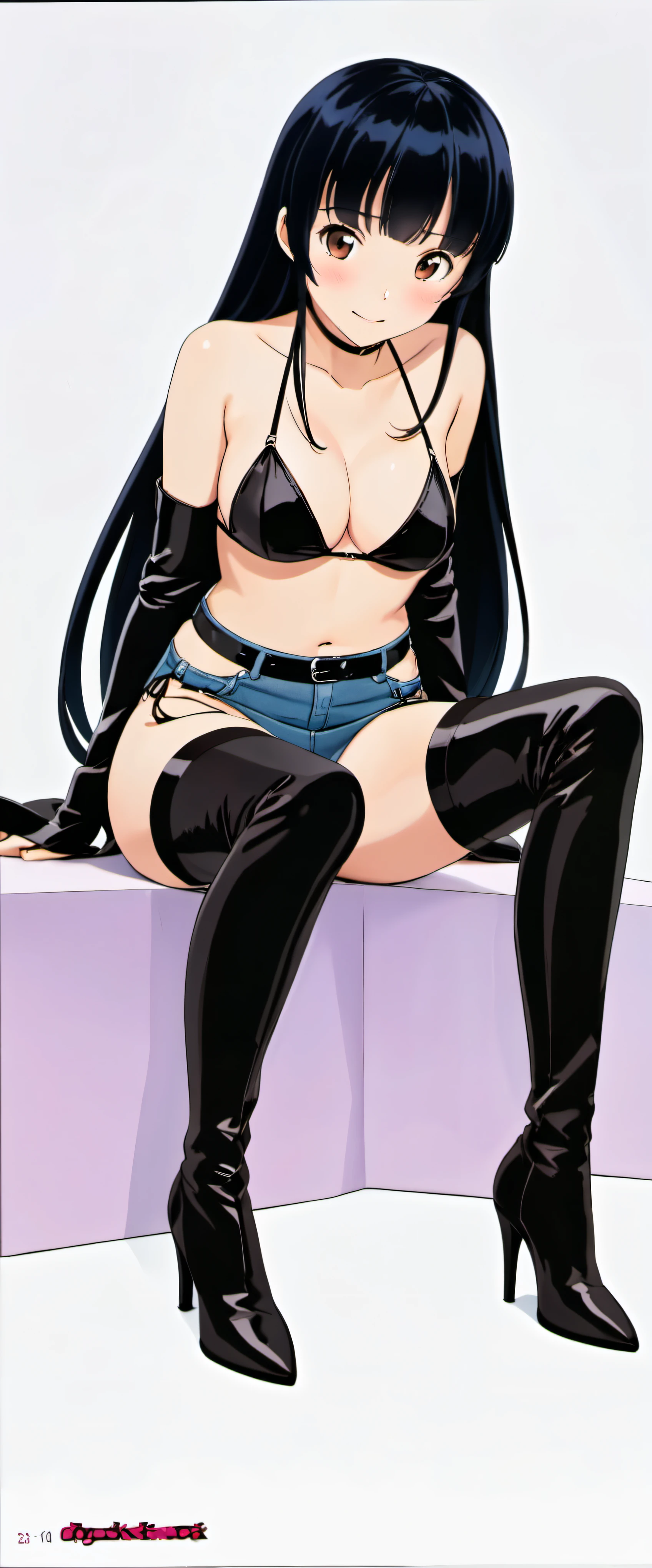 High resolution, adult woman , good lighting, despicable, , (No nudity), (((leather bikini))), (()), (((leather thigh high boots))), (garter belt), abdomen only, (), , cute face, I'Iは恥ずかしくて赤面します, humiliating, ((spread your legs)), (())((sit))