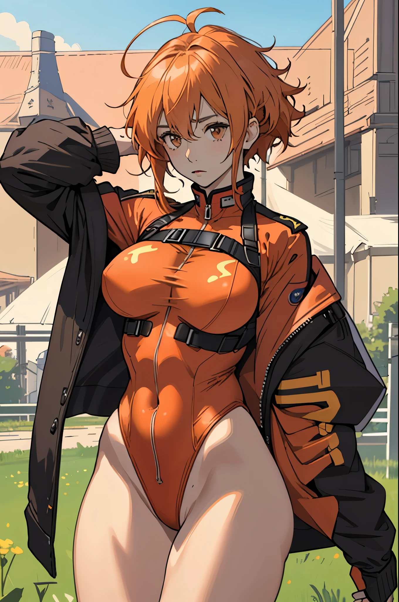 masterpiece, highest quality, High resolution, 1 girl, ticker, Ahoge, big breasts, race_Queen, red leotard, Jacket, embarrassing,closed mouth, field,