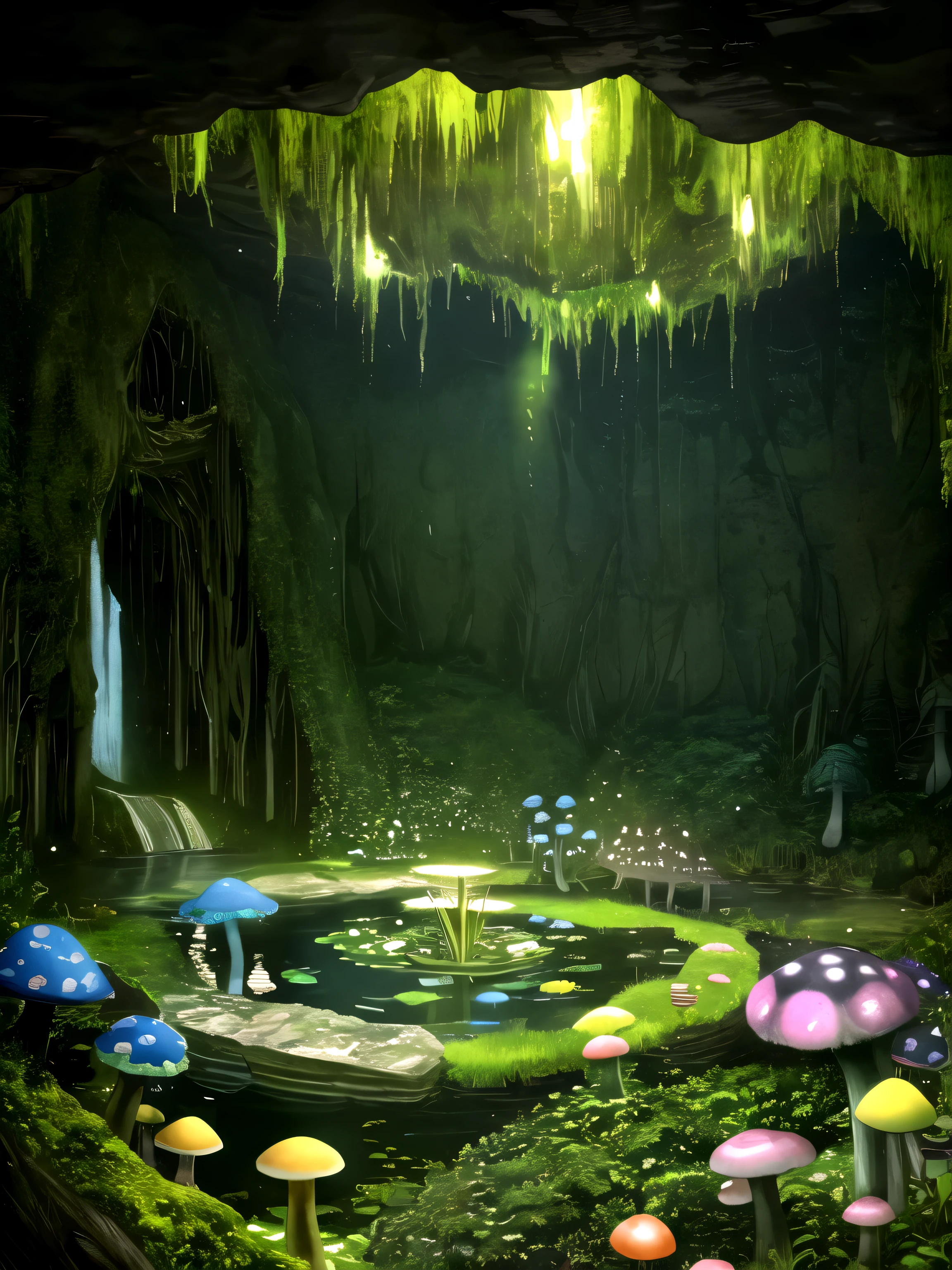 in a dark cave、In der Mitte befindet sich ein Teich、Die einzige Lichtquelle ist das helle Moos、lots of beetles、Riesenpilz