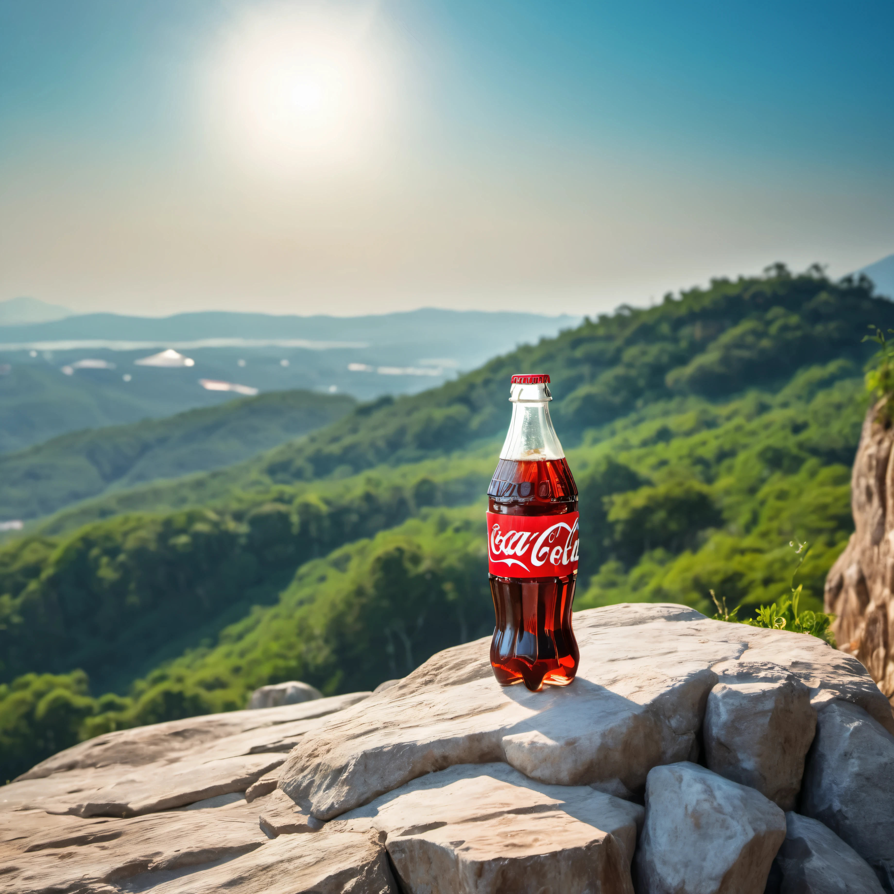 Coca'cola on op of the hill on the rock clear sky background and shinning sun