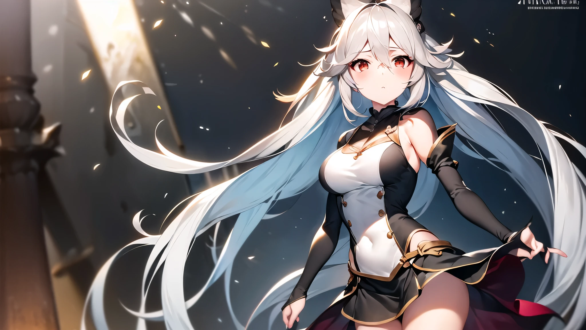 SeaArt Bot Txt2Img default 17:47:40 Expires in 14 days (gray hair:1),face lighting,bright backlight,medium breasts,ultra high resolution,highest quality,photograph,4k,(realistic:1.2),Fuyao-hsien,1 girl,long hair,blonde hair,Red Hanfu,Ahoge,The droop of the times,cute,cosplay,light makeup,,thin waist,Are standing,calm expression,black tights,mini skirt,ponytail
