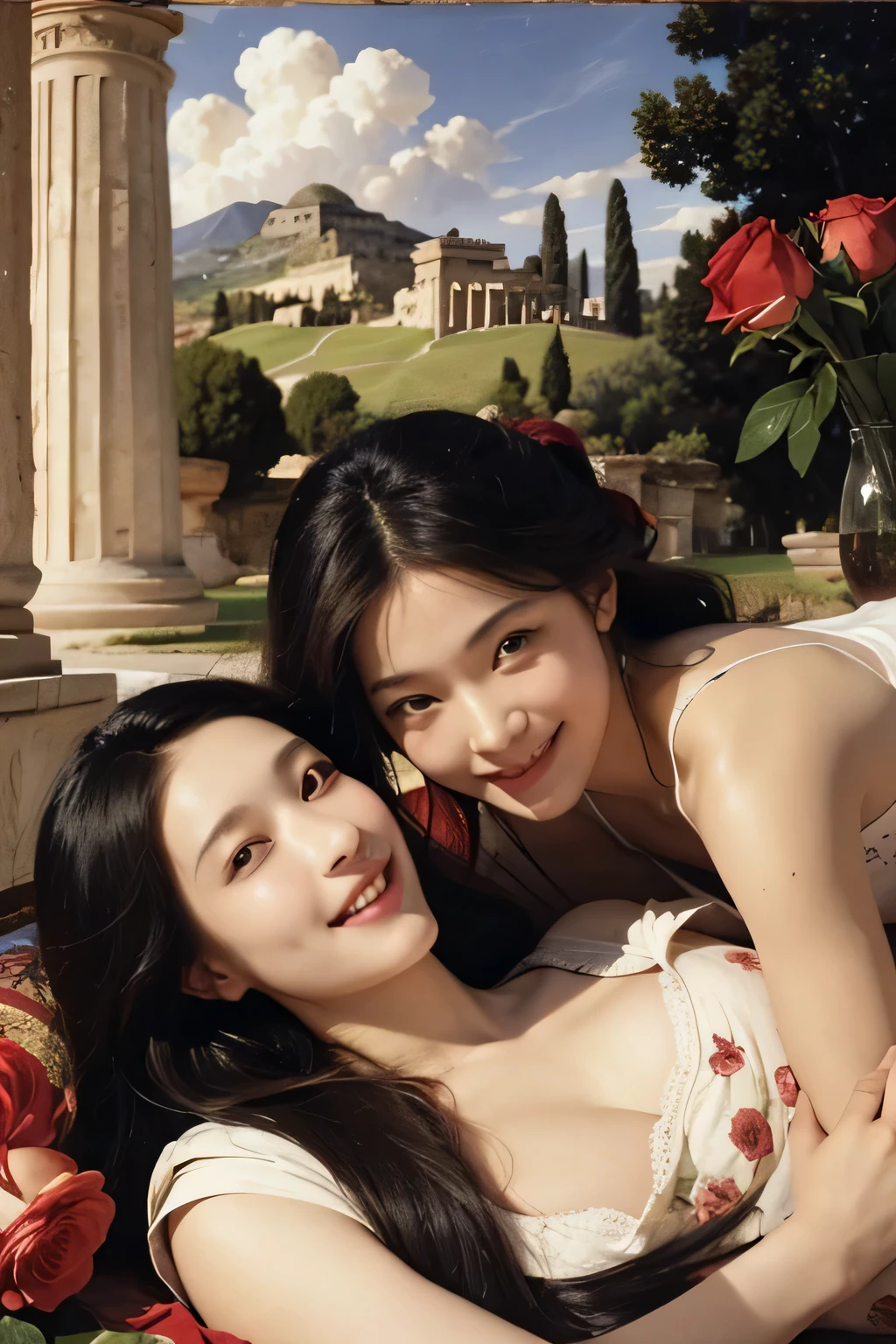 Giorgione painting style,Arguments of two female Philosophe,math、astronomical machine、astronaut、roses in vase、fruits、Cute trinkets、smile、ancient greek costume、Ancient Roman landscape in the style of Nicolas Poussin,laughter,,Sweet and seductive appearance.、Caravaggio's paintings、Chiaroscuro of Caravaggio、hair tousled by the wind,Two women frolicking,cute smile, expression of ecstasy,Sexy,erotic